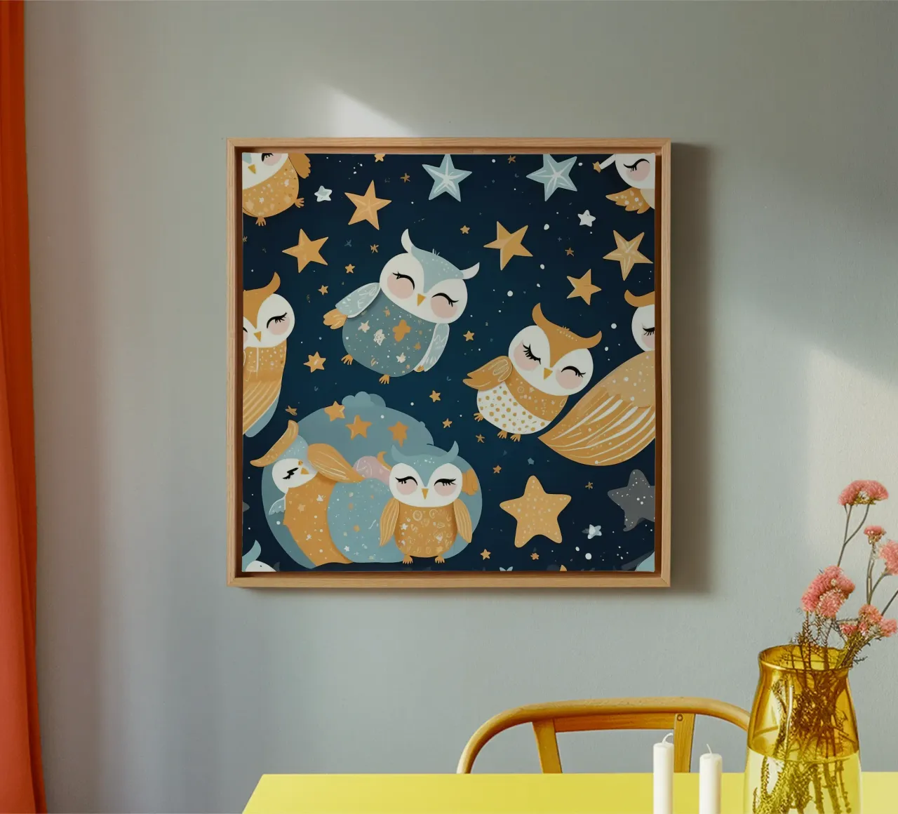 Whimsical owl pattern with colorful stars in a night sky canvas with Floater frame by DesignDoodle