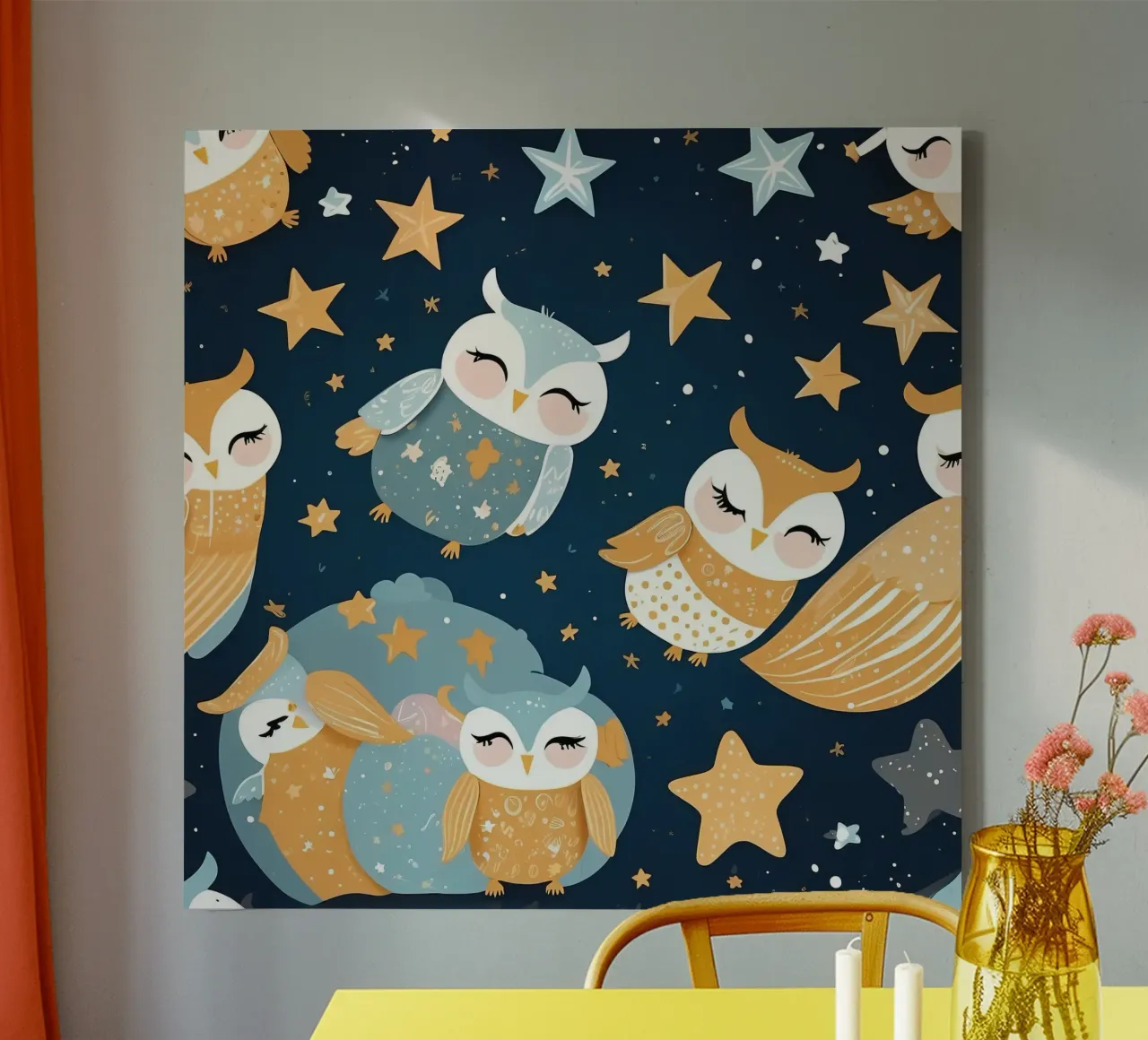 Whimsical owl pattern with colorful stars in a night sky canvas with Floater frame by DesignDoodle