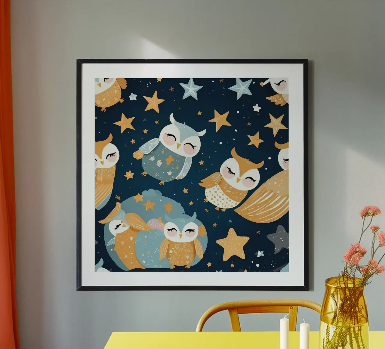 Whimsical owl pattern with colorful stars in a night sky poster by DesignDoodle