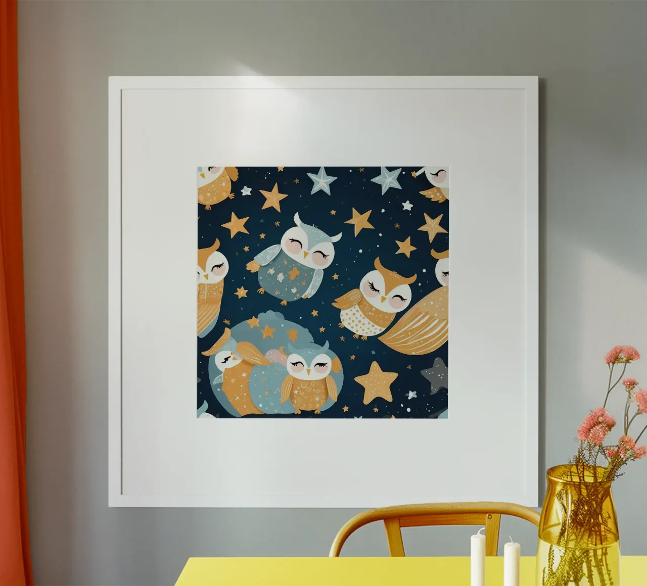 Whimsical owl pattern with colorful stars in a night sky poster by DesignDoodle