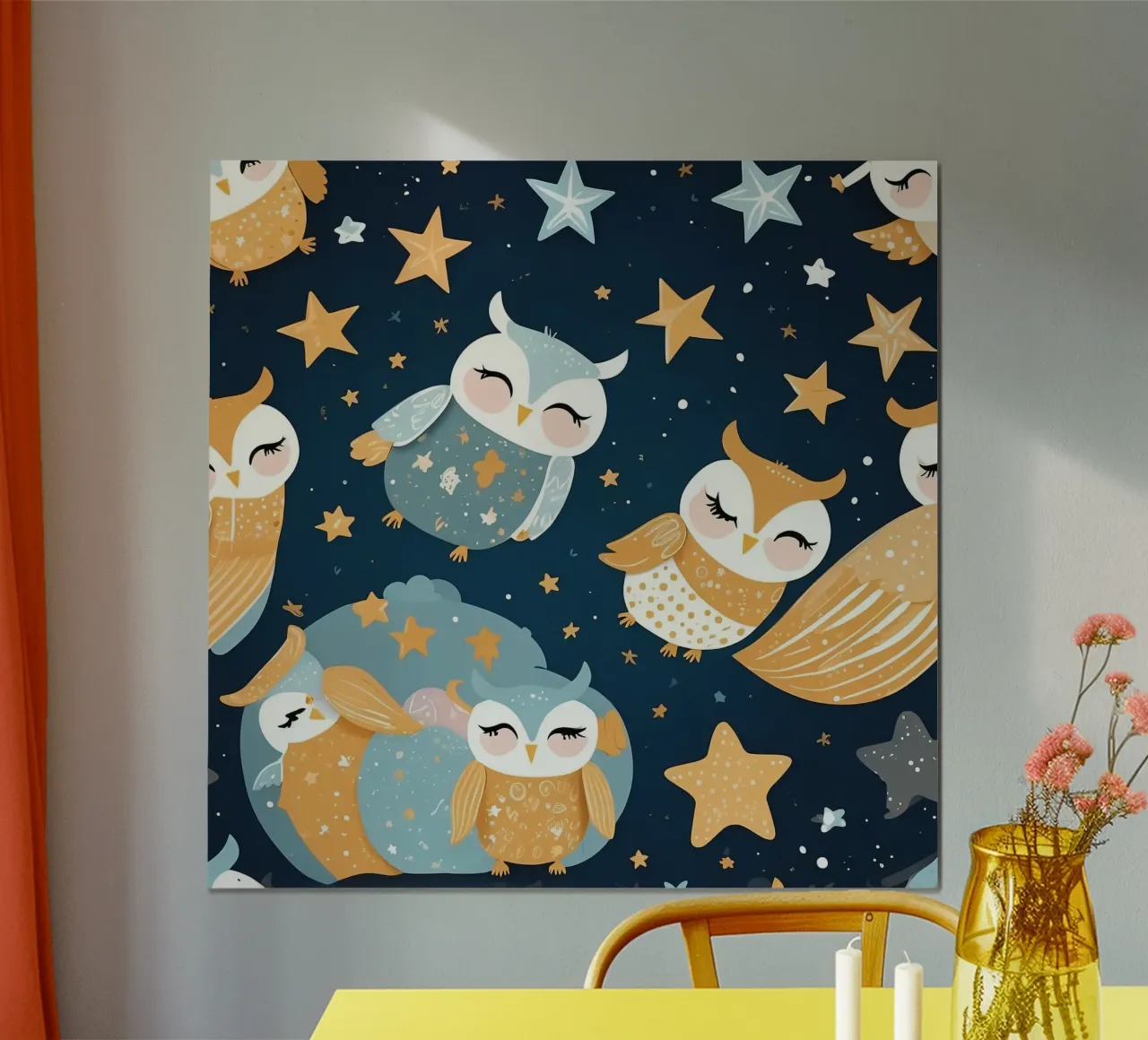 Whimsical owl pattern with colorful stars in a night sky poster by DesignDoodle