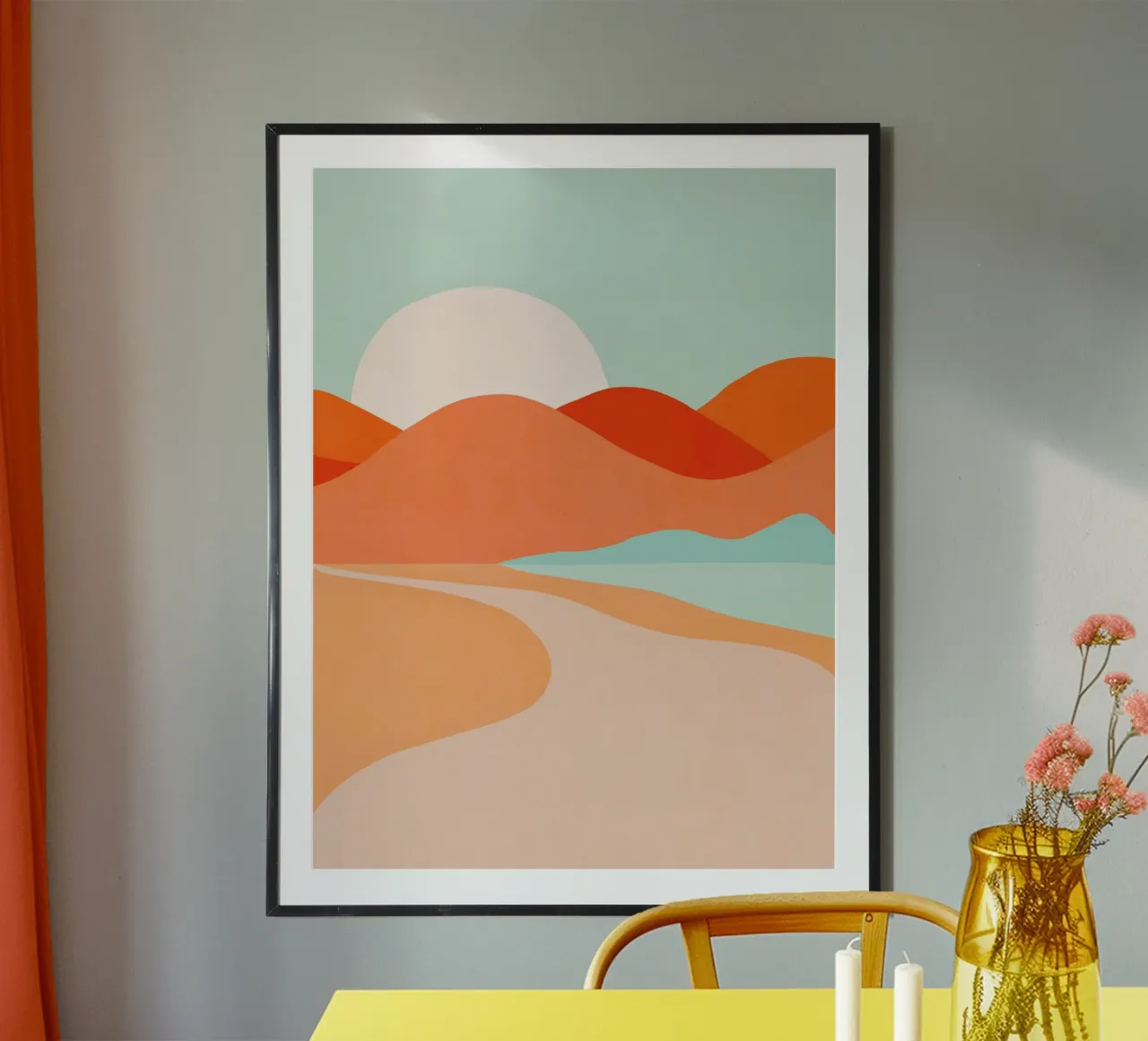 Tramonto nel deserto estivo in stile bohémien - Corallo pesca e acqua poster con telaio in legno da Dominique Vari