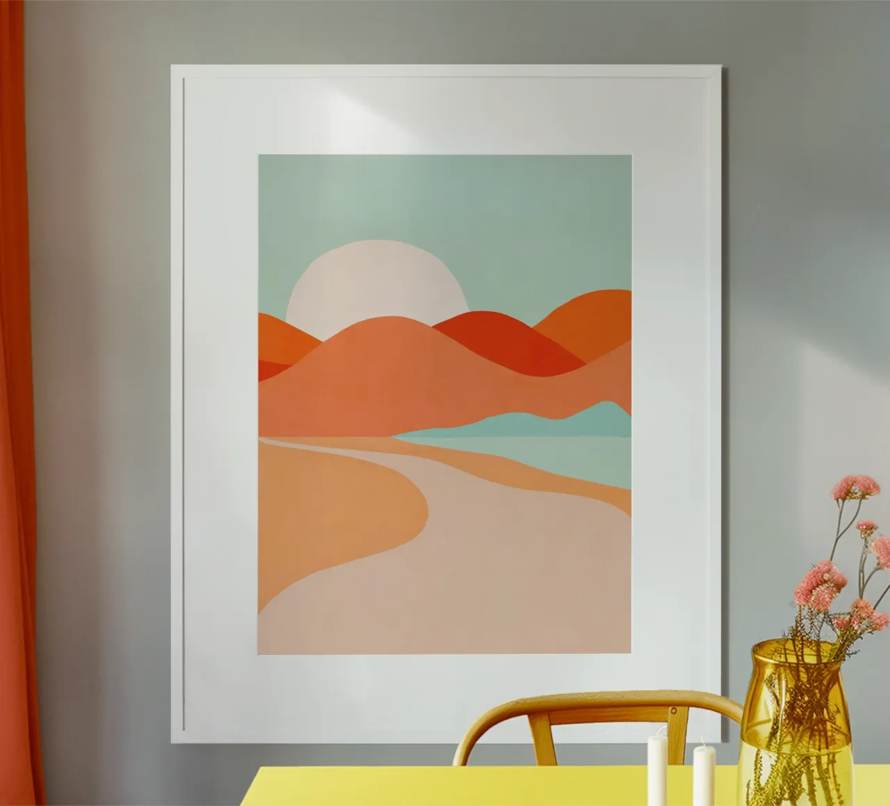 Tramonto nel deserto estivo in stile bohémien - Corallo pesca e acqua poster con telaio in legno da Dominique Vari