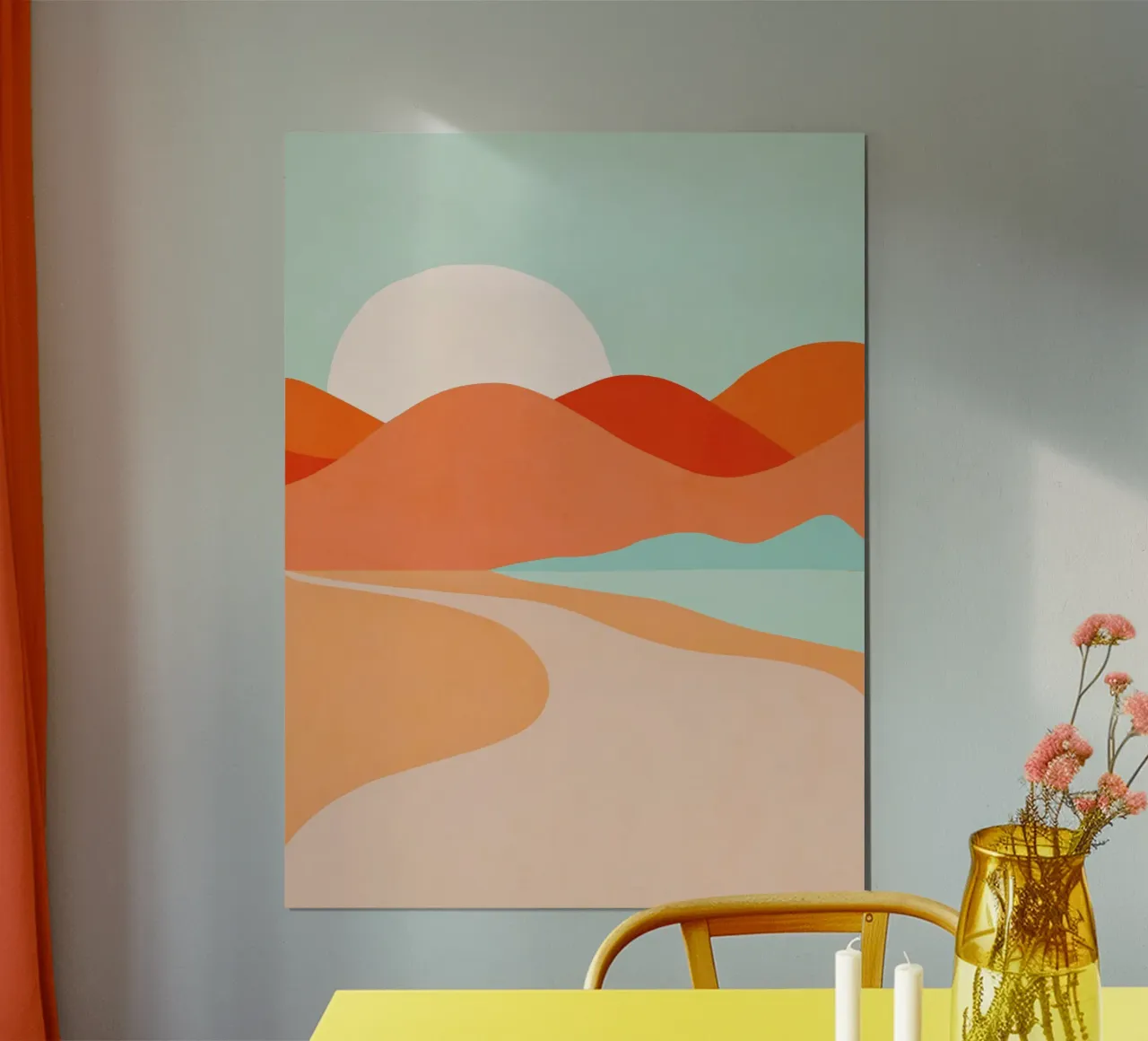 Tramonto nel deserto estivo in stile bohémien - Corallo pesca e acqua poster con telaio in legno da Dominique Vari