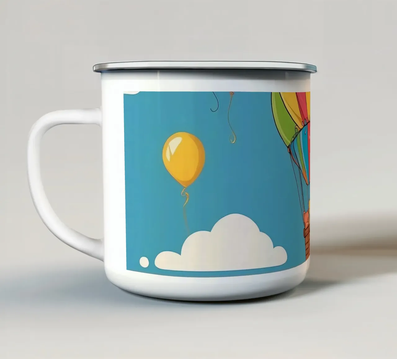Palloni aerostatici colorati si librano in un cielo azzurro e limpido tazza in smalto da DesignDoodle