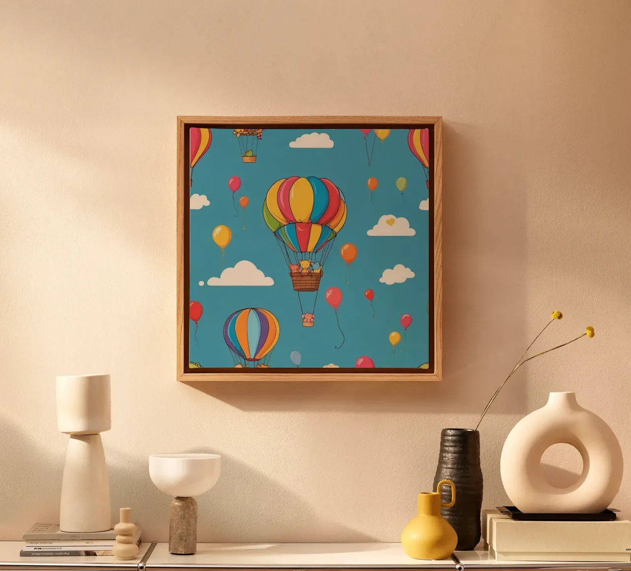 Palloni aerostatici colorati si librano in un cielo azzurro e limpido tela con Cornice a cassetta da DesignDoodle