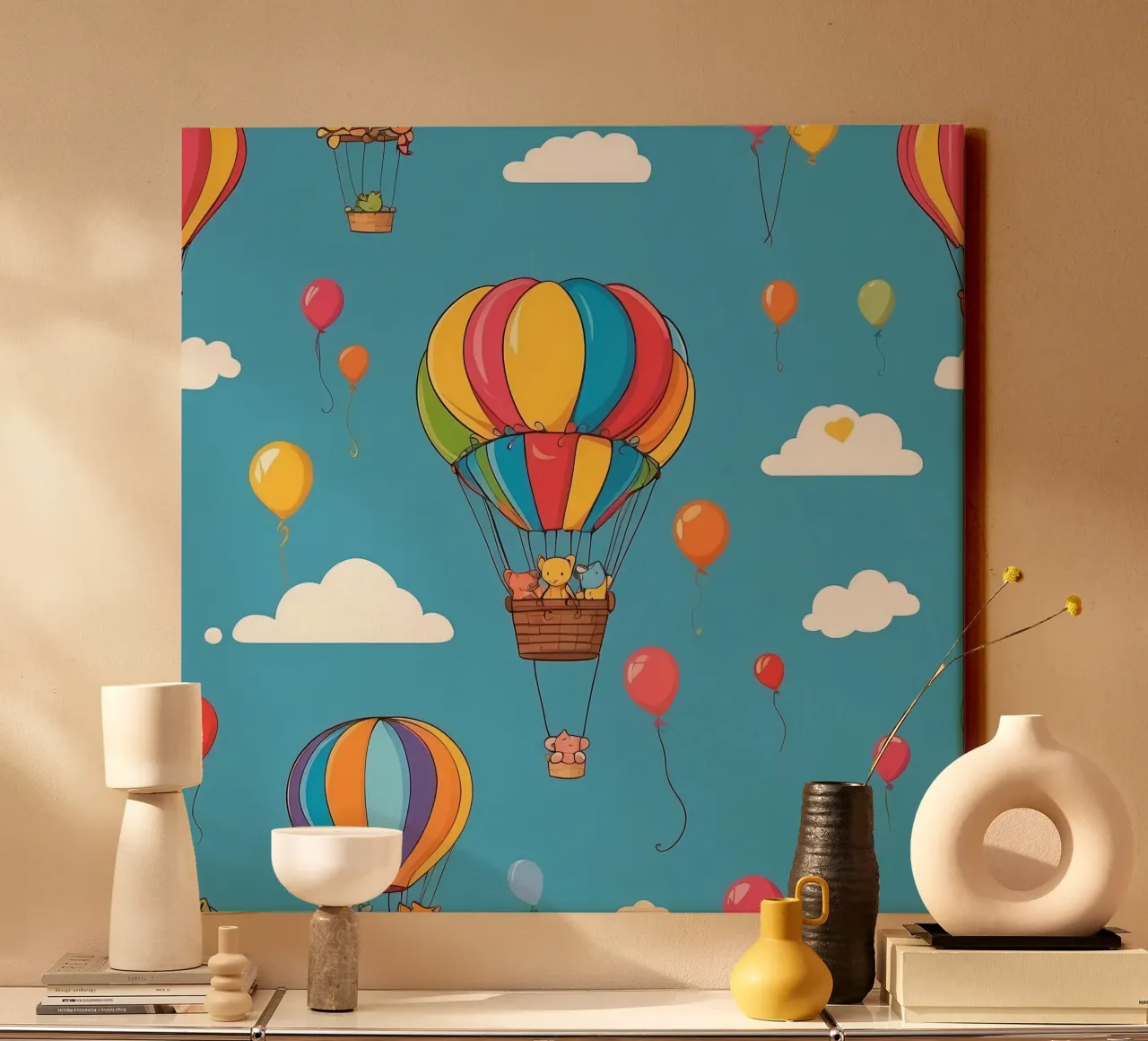 Palloni aerostatici colorati si librano in un cielo azzurro e limpido tela con Cornice a cassetta da DesignDoodle
