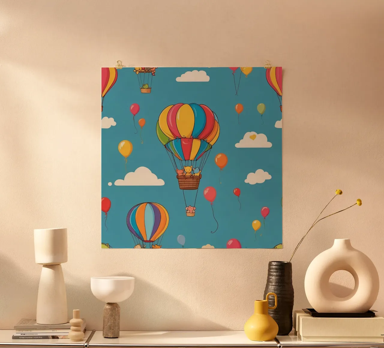 Palloni aerostatici colorati si librano in un cielo azzurro e limpido poster con telaio in legno da DesignDoodle