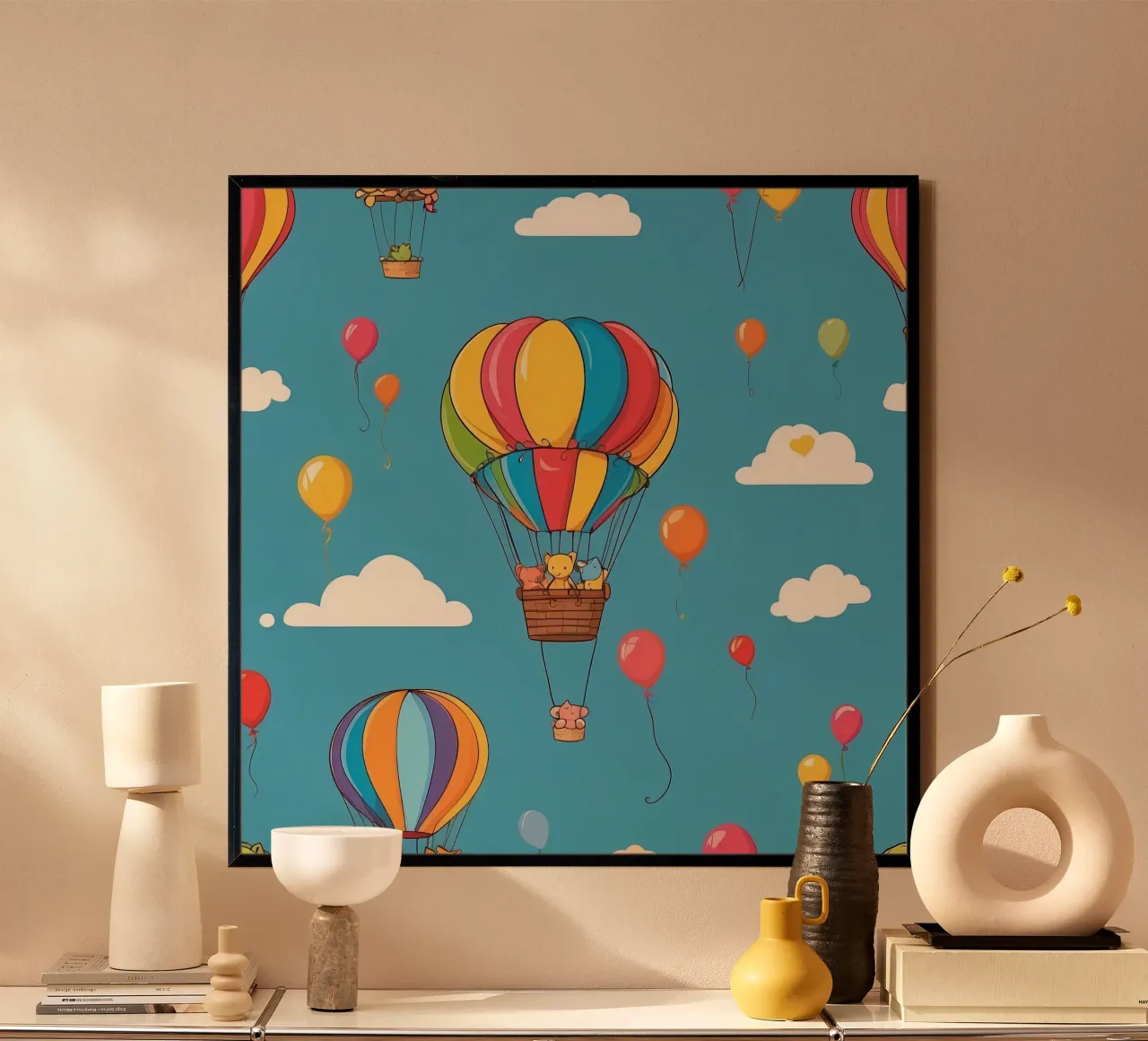 Palloni aerostatici colorati si librano in un cielo azzurro e limpido poster con telaio in legno da DesignDoodle