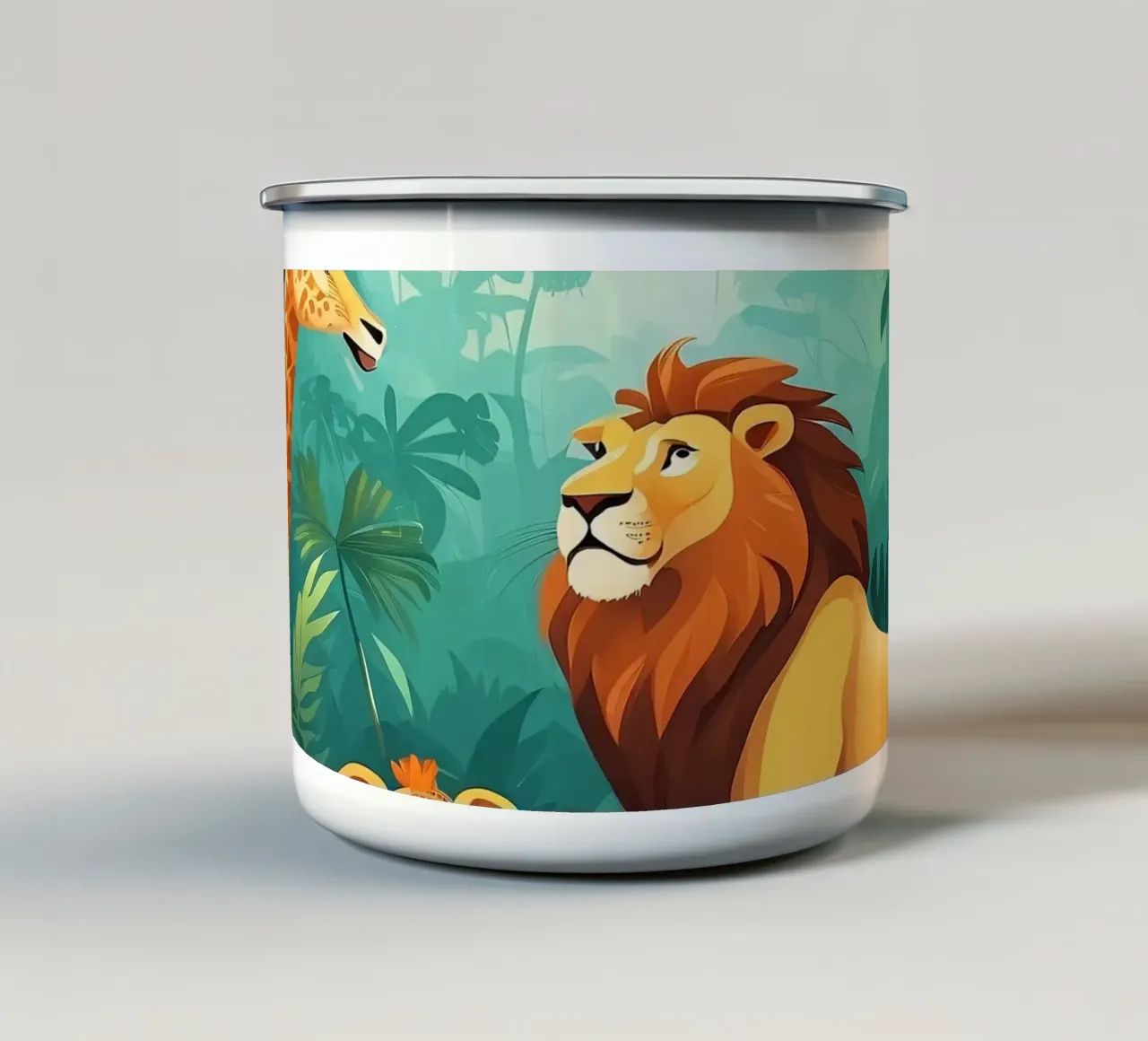 Wildlife-bijeenkomst in jungle met leeuwen en giraffen emaille mok van DesignDoodle