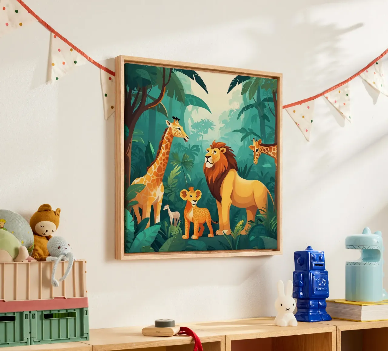 Wildlife-bijeenkomst in jungle met leeuwen en giraffen canvas met Baklijst van DesignDoodle