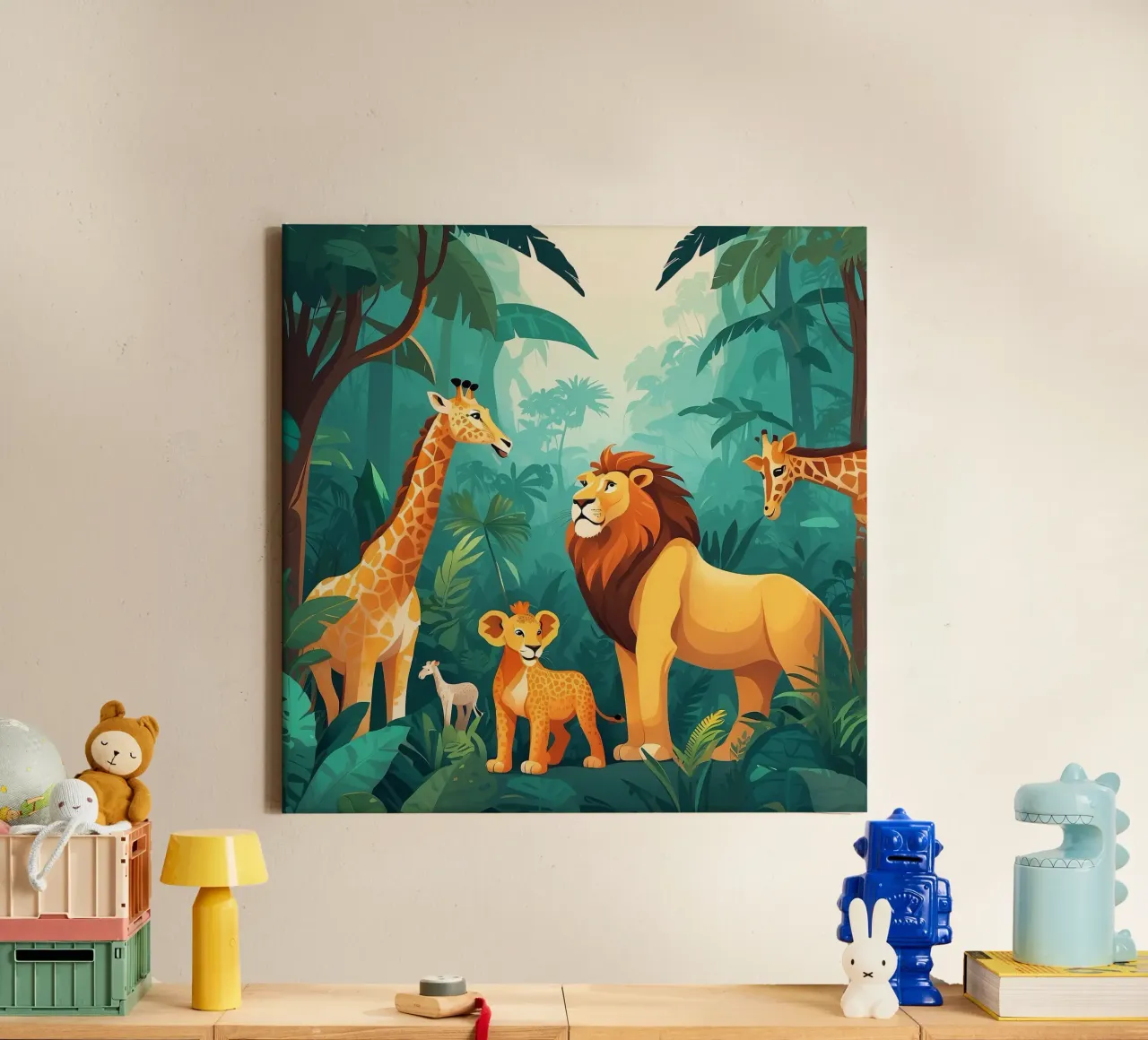 Wildlife-bijeenkomst in jungle met leeuwen en giraffen canvas met Baklijst van DesignDoodle