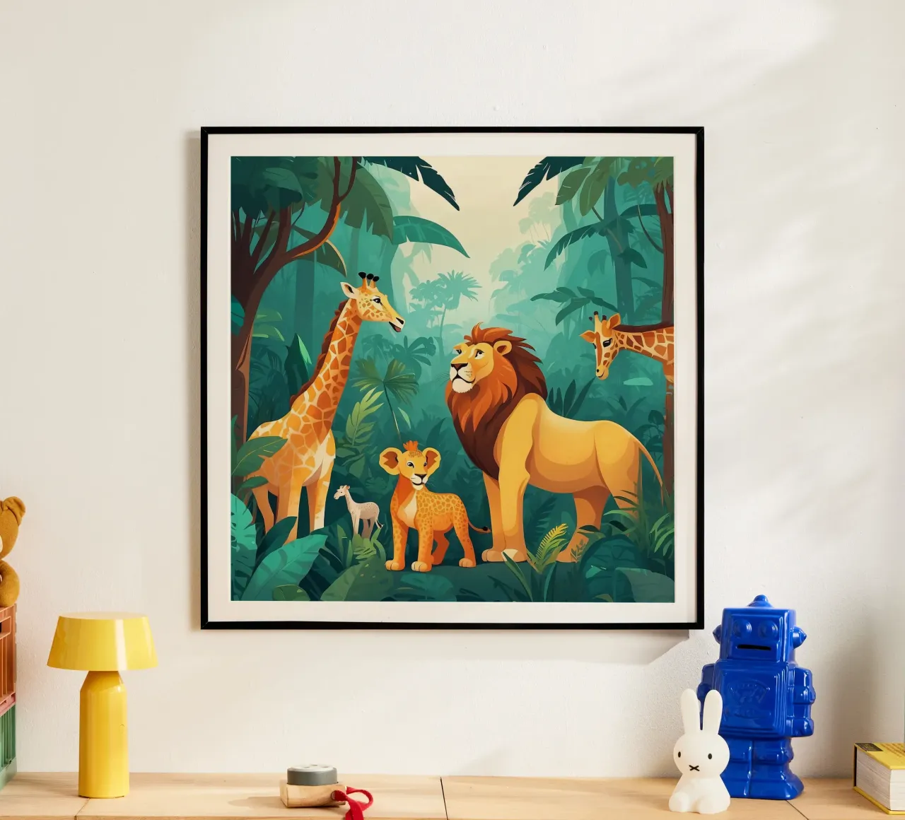 Wildlife gathering in jungle featuring lions and giraffes poster by DesignDoodle