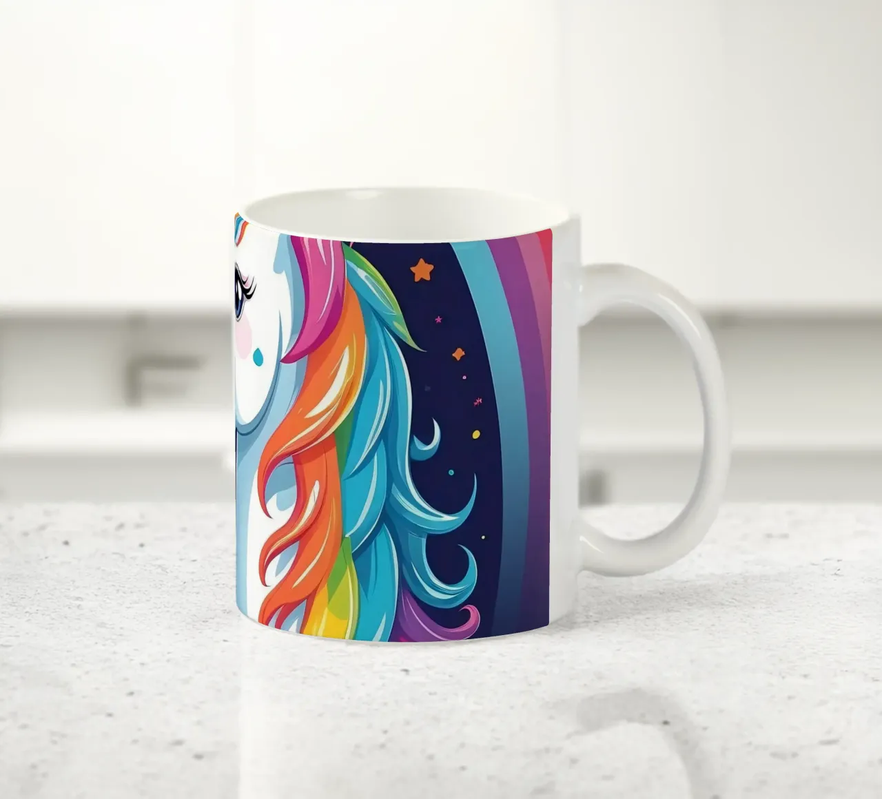 Colorful unicorn with a rainbow mane and stars ceramic mug by DesignDoodle