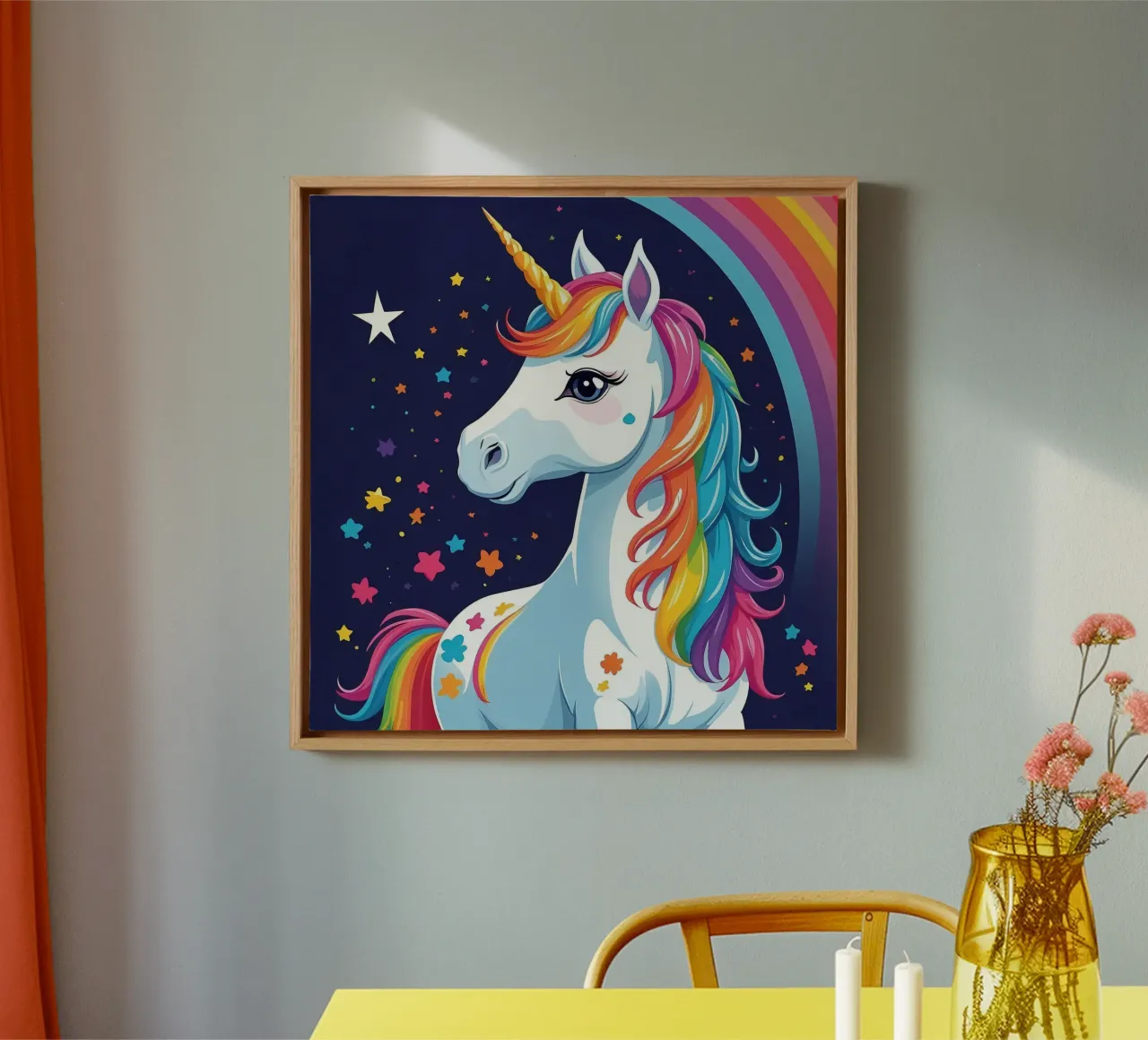 Unicorno colorato con criniera e stelle arcobaleno tela con Cornice a cassetta da DesignDoodle