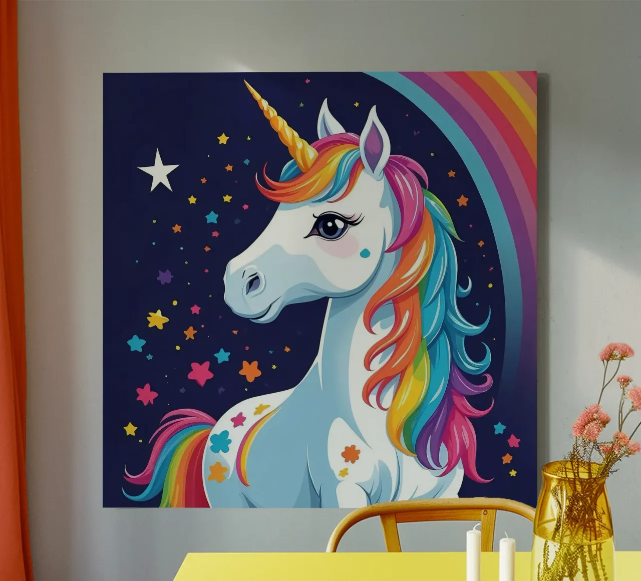 Unicorno colorato con criniera e stelle arcobaleno tela con Cornice a cassetta da DesignDoodle