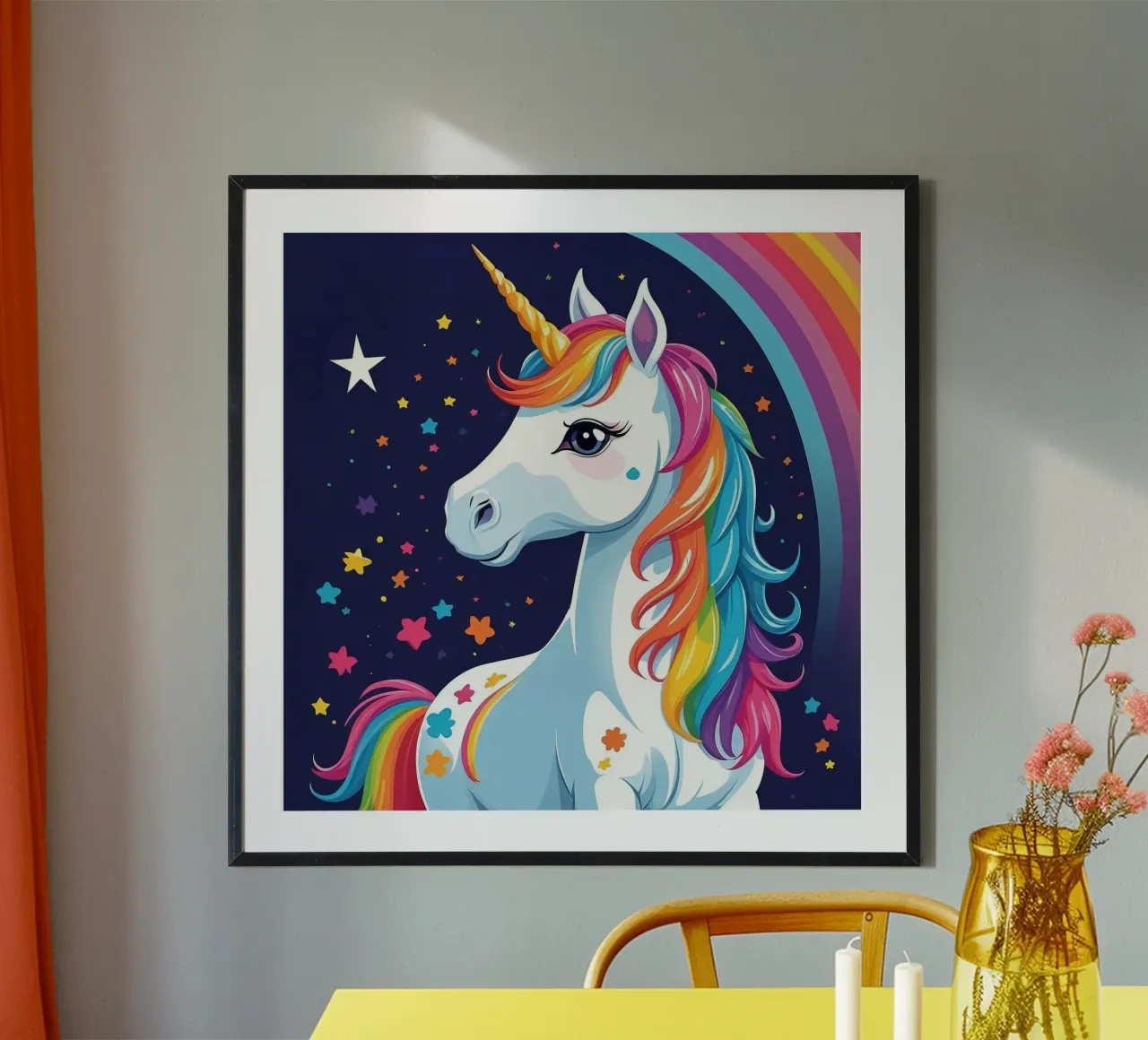 Colorful unicorn with a rainbow mane and stars poster by DesignDoodle