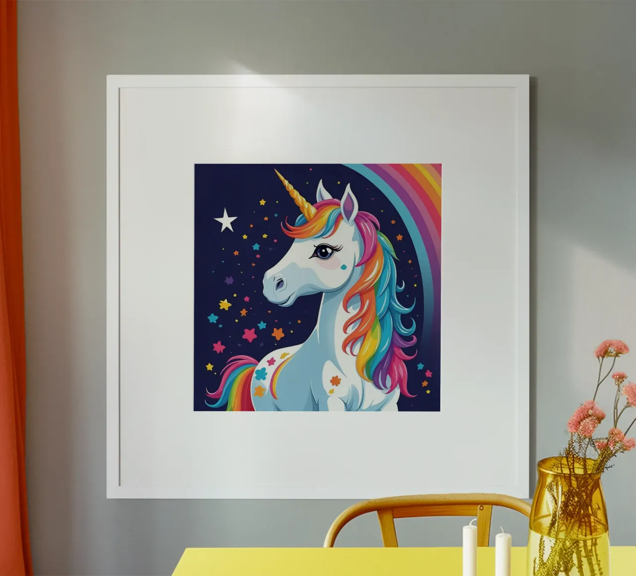 Colorful unicorn with a rainbow mane and stars poster by DesignDoodle