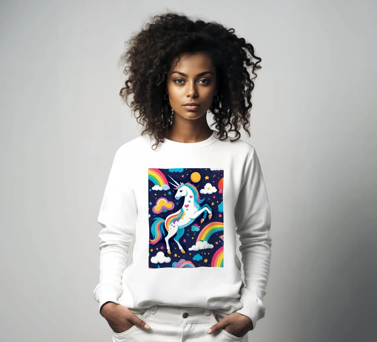 Colorful unicorn stands majestically on a vibrant background sweatshirt by DesignDoodle