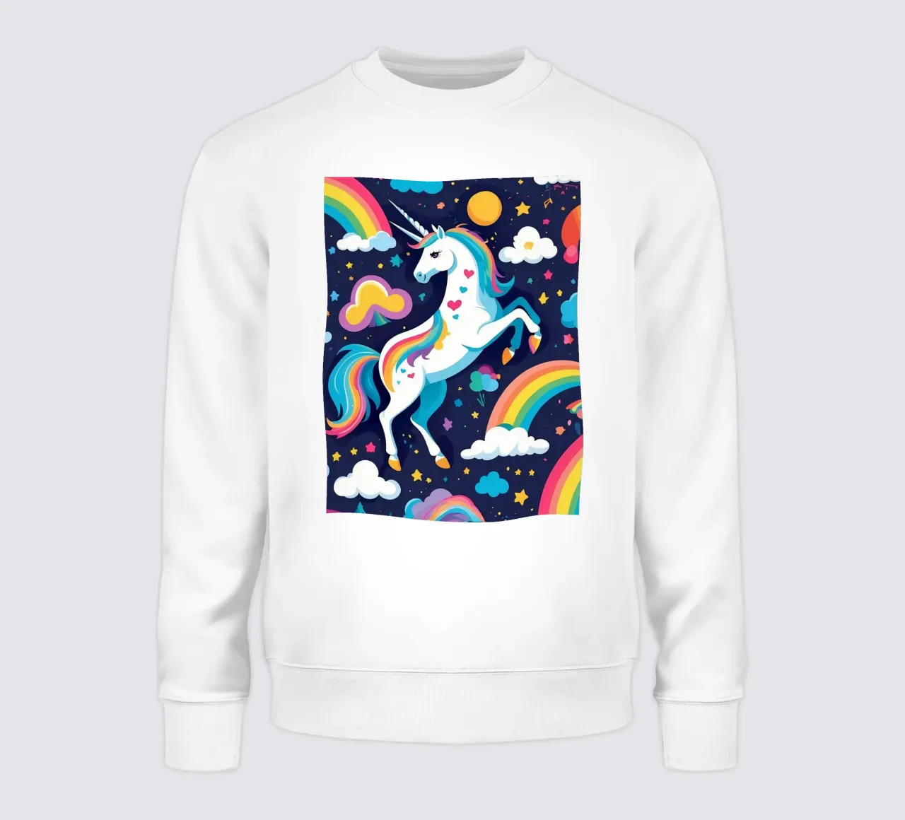 Colorful unicorn stands majestically on a vibrant background sweatshirt by DesignDoodle