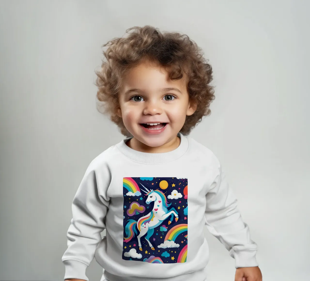 Un unicorno colorato si erge maestoso su uno sfondo vibrante felpa neonato da DesignDoodle