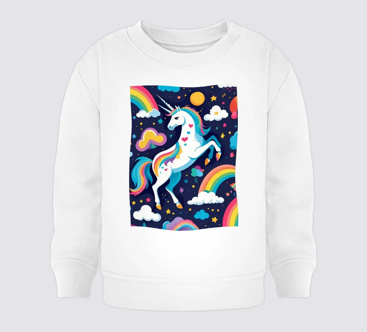 Un unicorno colorato si erge maestoso su uno sfondo vibrante felpa neonato da DesignDoodle