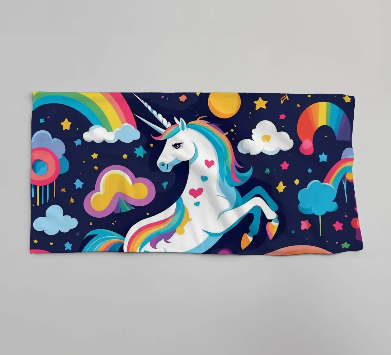Colorful unicorn stands majestically on a vibrant background towel by DesignDoodle