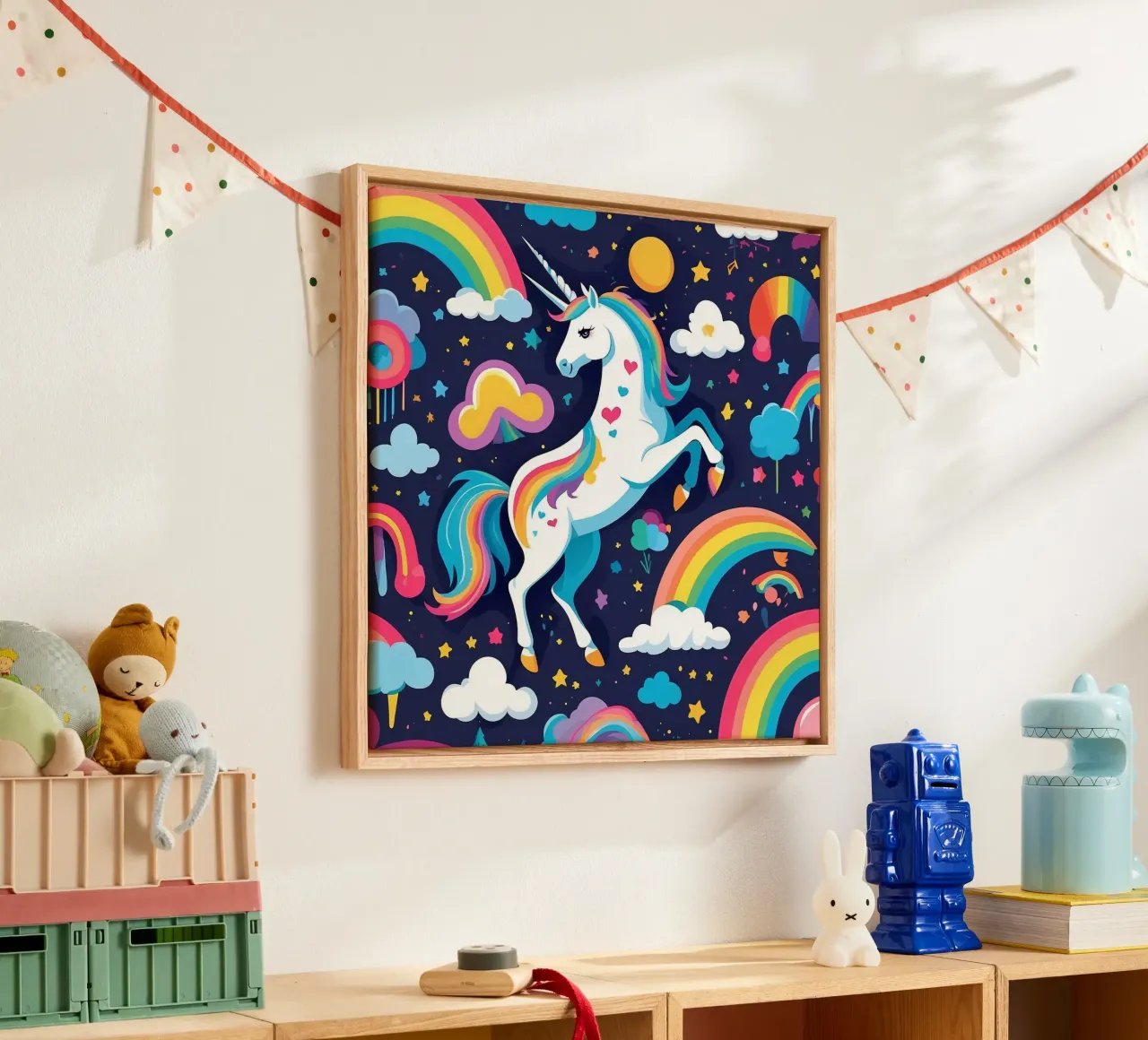 Un unicorno colorato si erge maestoso su uno sfondo vibrante tela con Cornice a cassetta da DesignDoodle