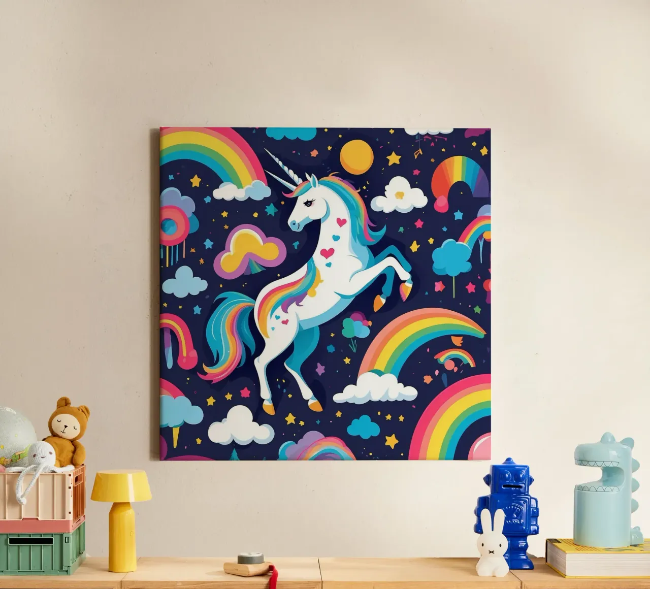 Un unicorno colorato si erge maestoso su uno sfondo vibrante tela con Cornice a cassetta da DesignDoodle