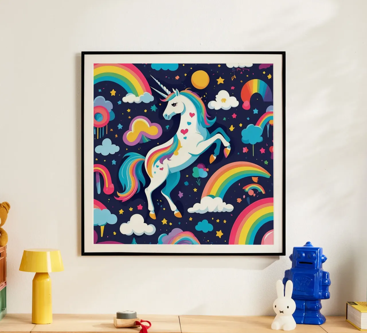 Un unicorno colorato si erge maestoso su uno sfondo vibrante poster da DesignDoodle