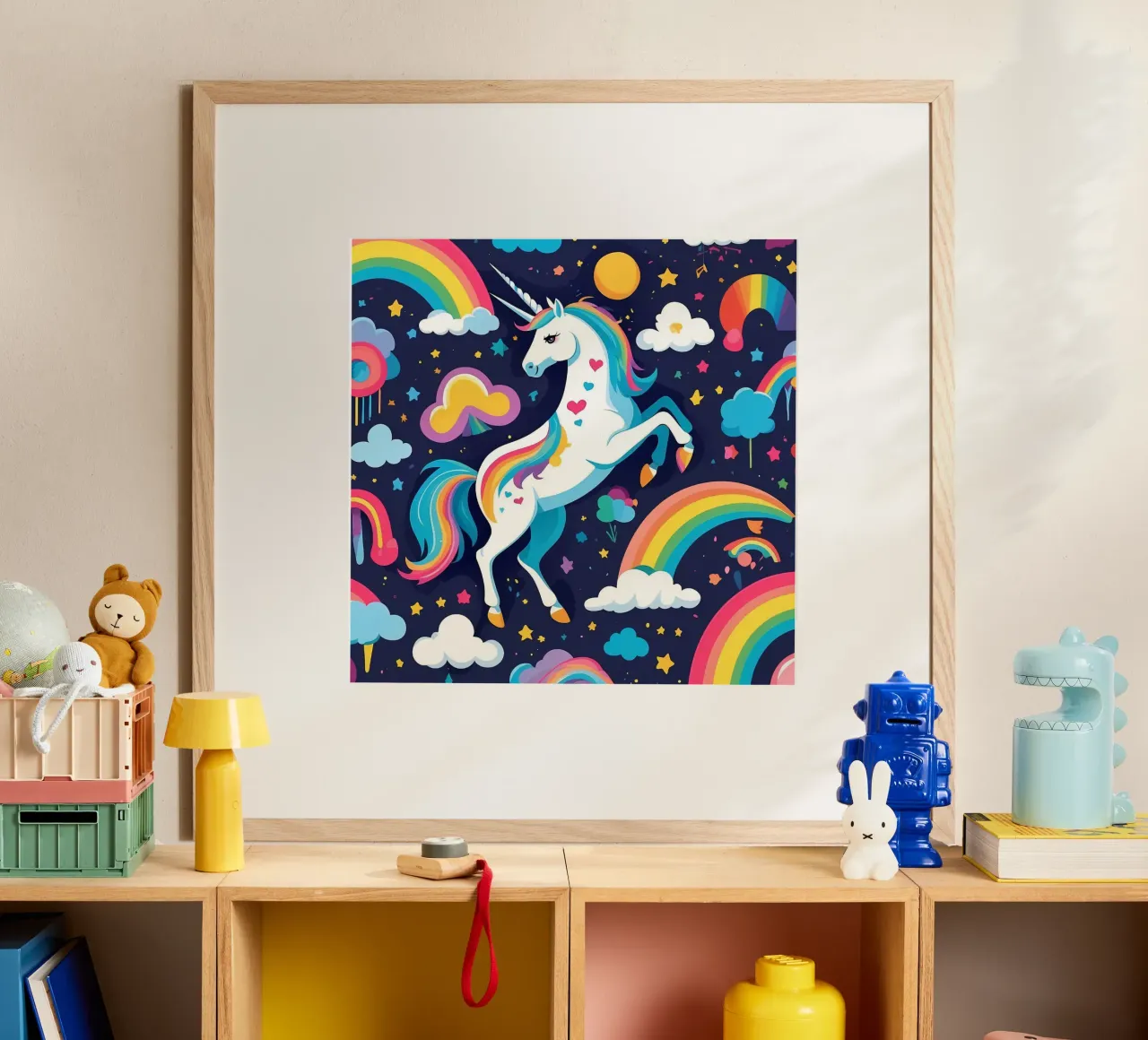 Un unicorno colorato si erge maestoso su uno sfondo vibrante poster da DesignDoodle