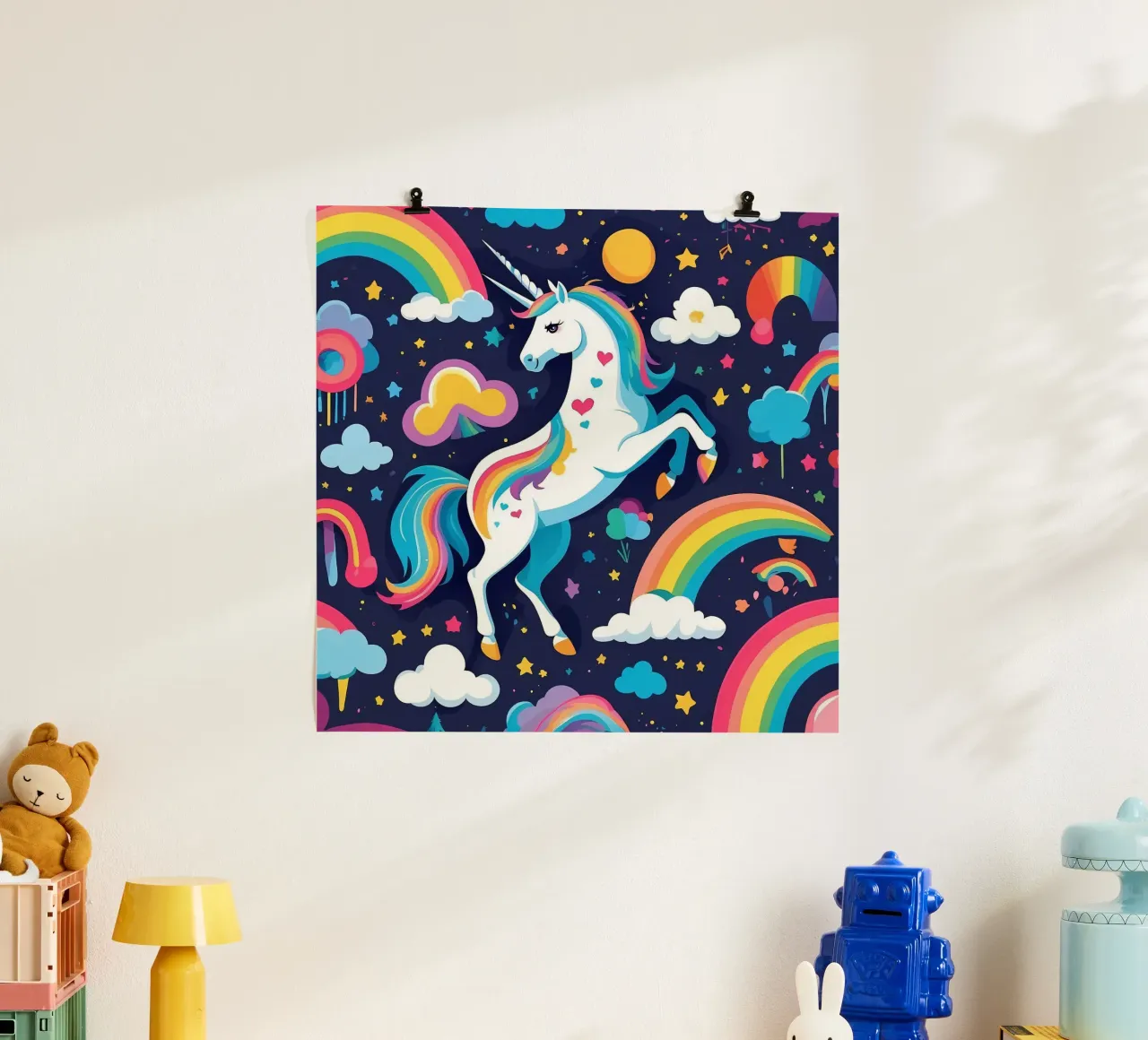 Un unicorno colorato si erge maestoso su uno sfondo vibrante poster da DesignDoodle