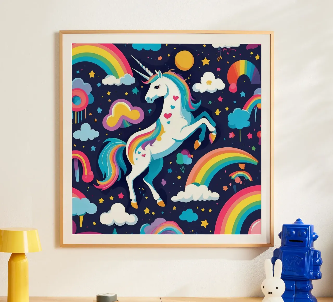 Un unicorno colorato si erge maestoso su uno sfondo vibrante poster da DesignDoodle