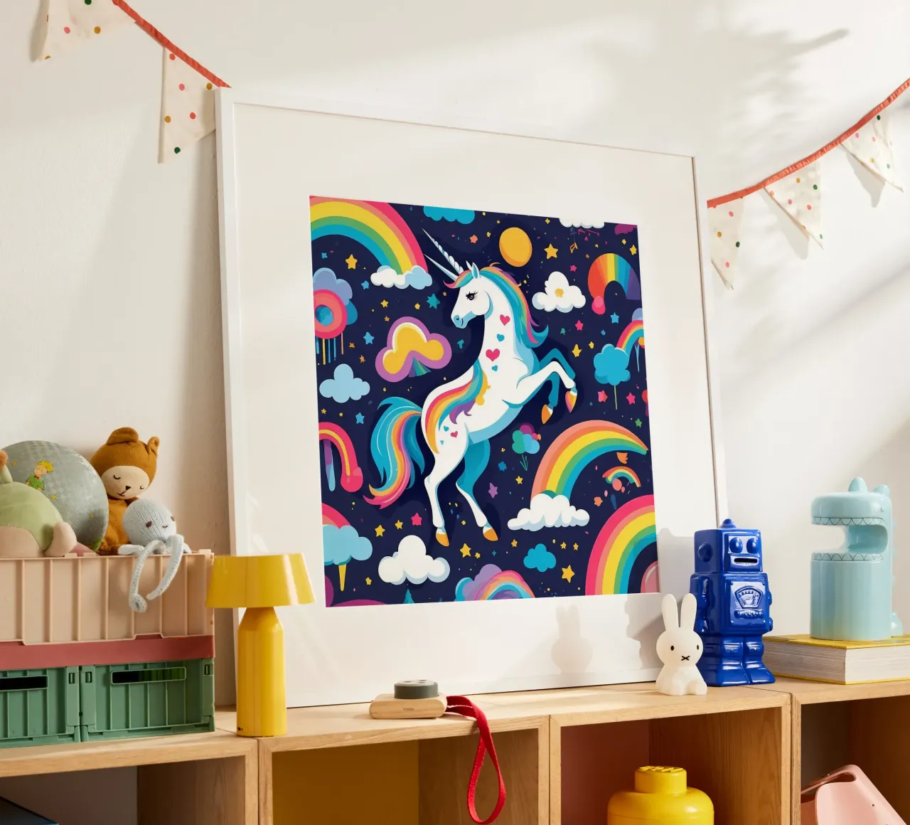 Un unicorno colorato si erge maestoso su uno sfondo vibrante poster da DesignDoodle