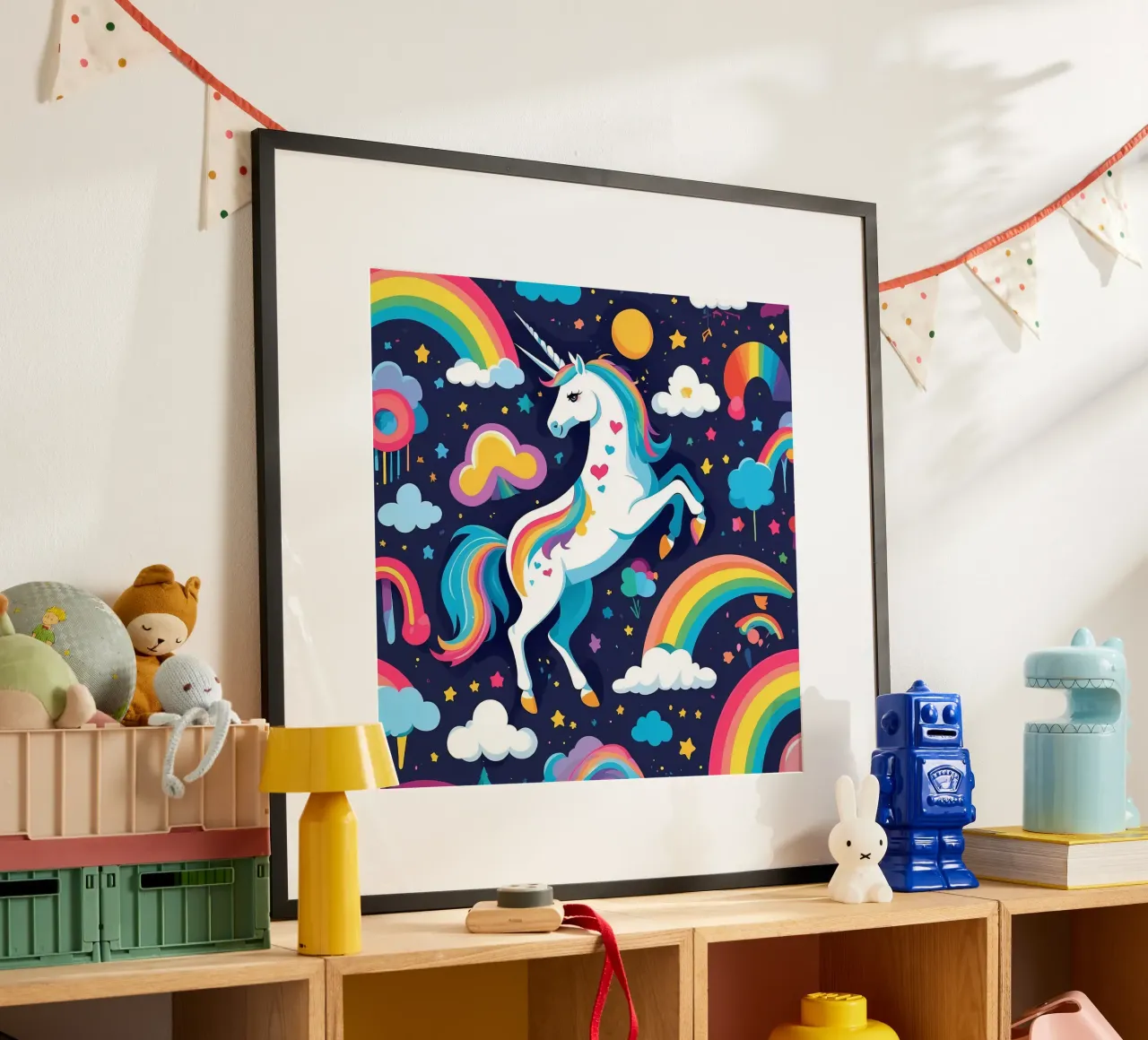 Un unicorno colorato si erge maestoso su uno sfondo vibrante poster da DesignDoodle