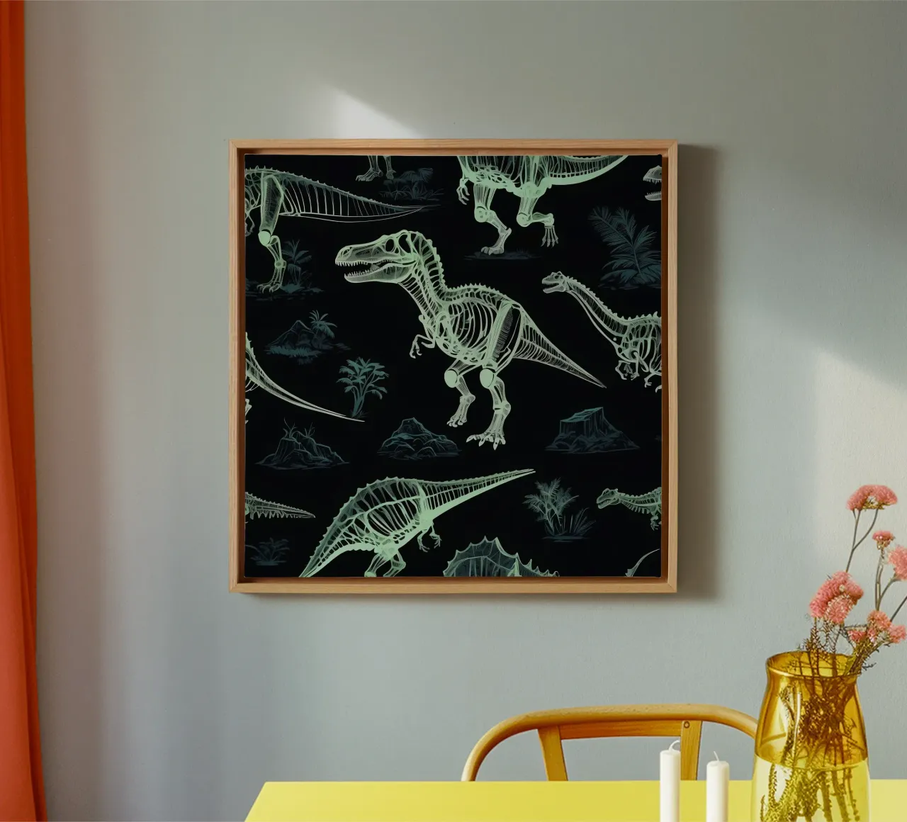 Fascinating dinosaur skeletal patterns showcase prehistoric canvas with Floater frame by DesignDoodle