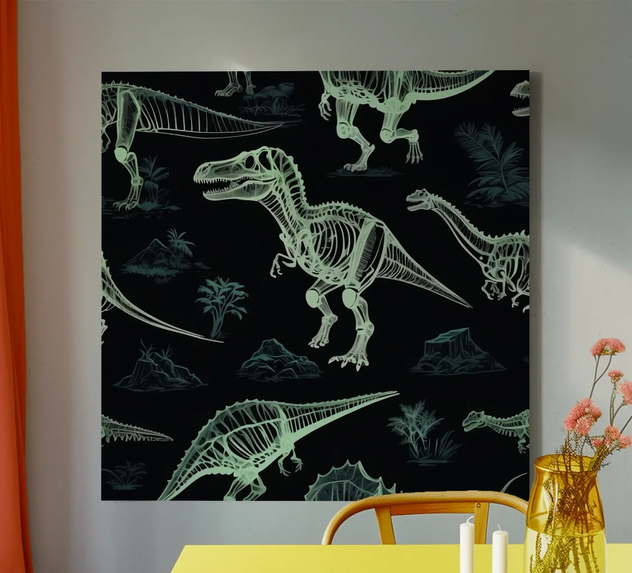 Fascinating dinosaur skeletal patterns showcase prehistoric canvas with Floater frame by DesignDoodle