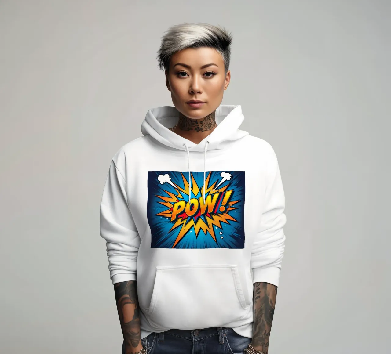 Gráfico dinámico de explosión estilo cómic con texto en negrita sudadera con capucha de DesignDoodle
