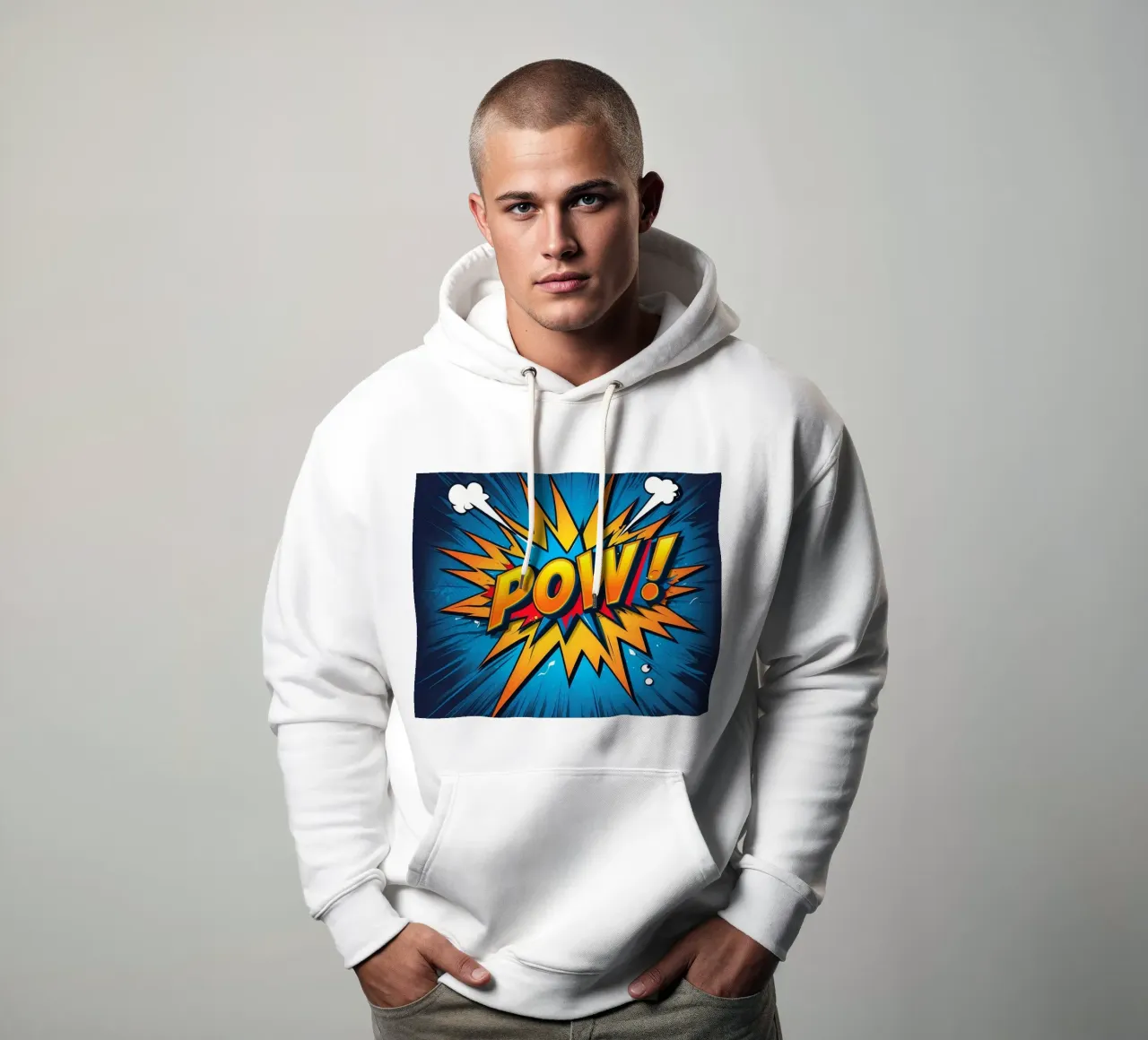 Gráfico dinámico de explosión estilo cómic con texto en negrita sudadera con capucha de DesignDoodle