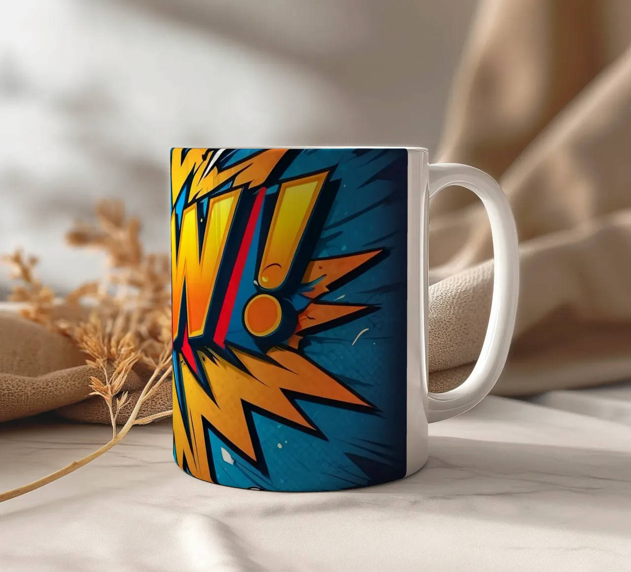 Dynamische explosieafbeelding in stripstijl met vetgedrukte tekst keramische mok van DesignDoodle