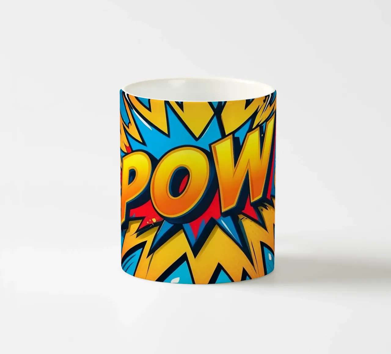 Dynamische explosieafbeelding in stripstijl met vetgedrukte tekst keramische mok van DesignDoodle