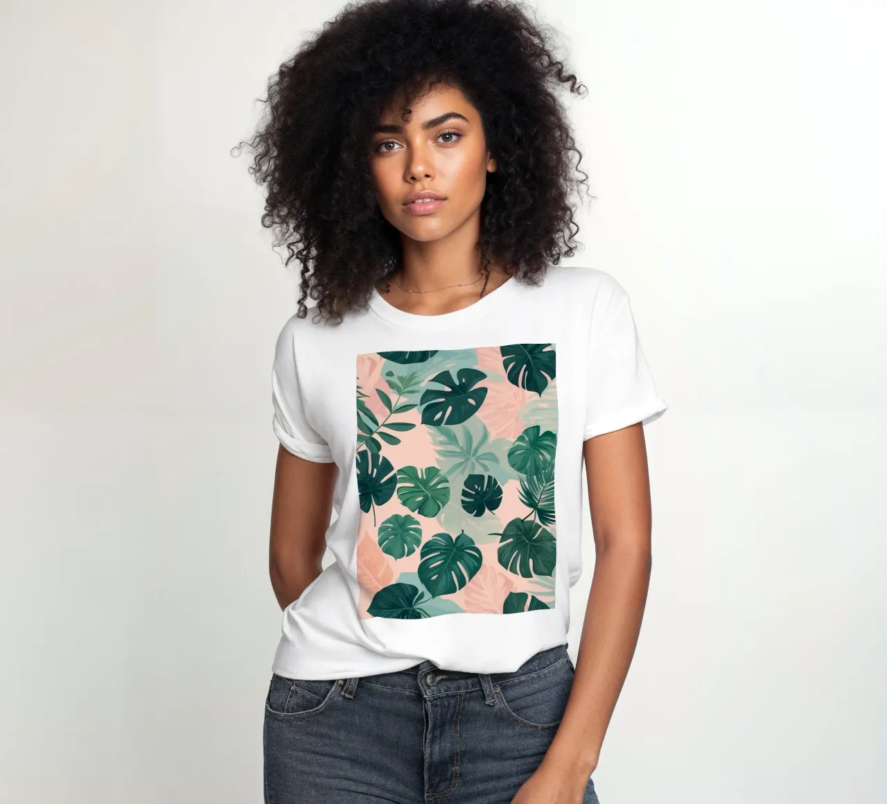 Tropical foliage pattern with various leaves on a soft paste women's fitted t-shirt by DesignDoodle