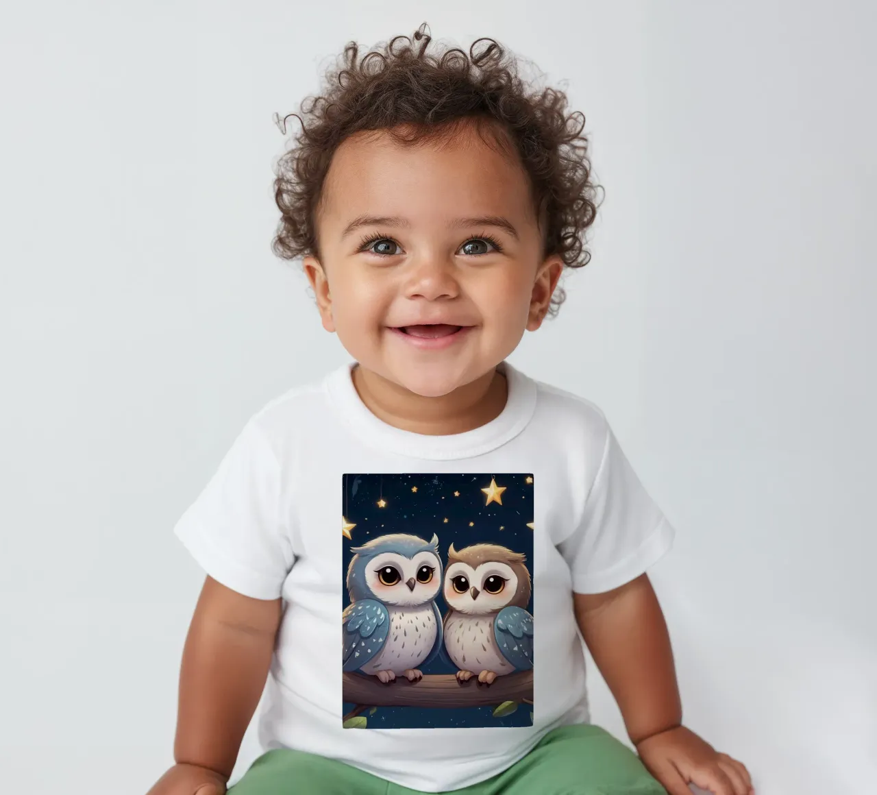 Due gufi appollaiati su un ramo sotto un cielo stellato notturno maglietta neonato da DesignDoodle