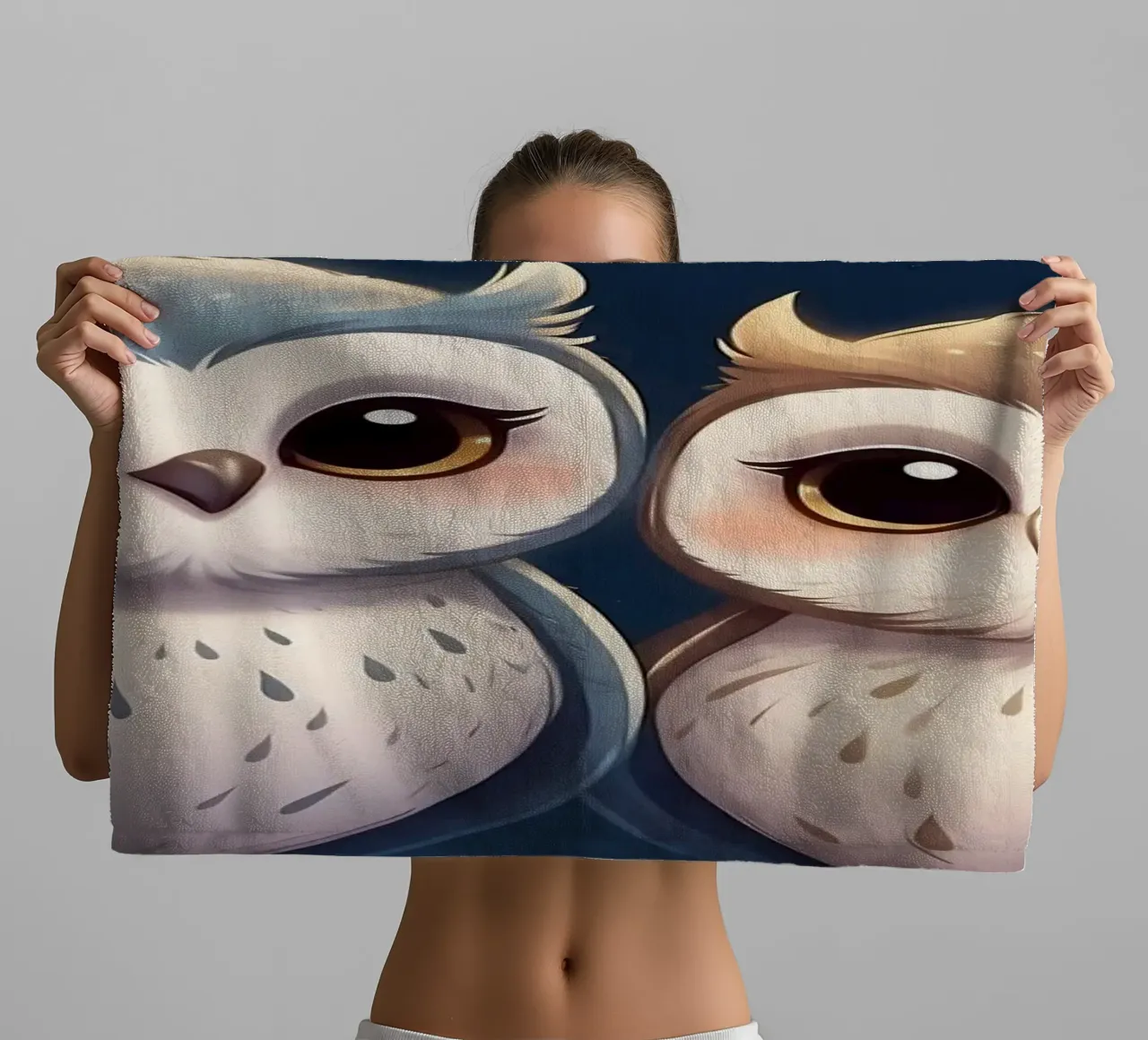 Two owls perched on a branch under a starry night sky towel by DesignDoodle