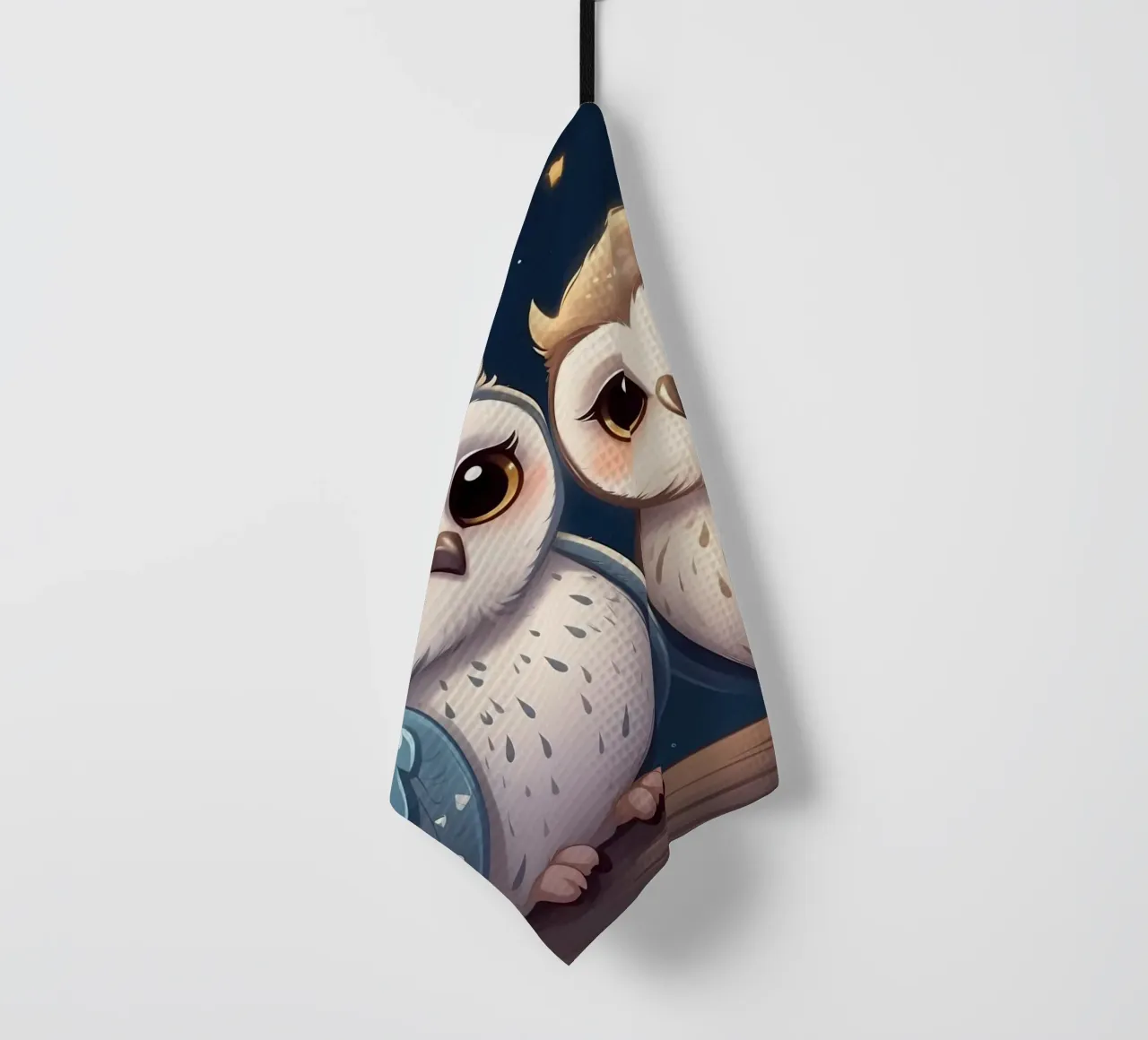 Two owls perched on a branch under a starry night sky tea towel by DesignDoodle