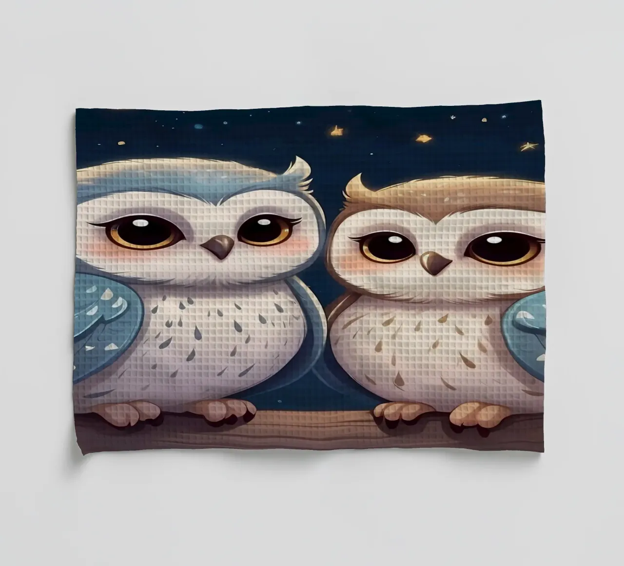 Two owls perched on a branch under a starry night sky tea towel by DesignDoodle