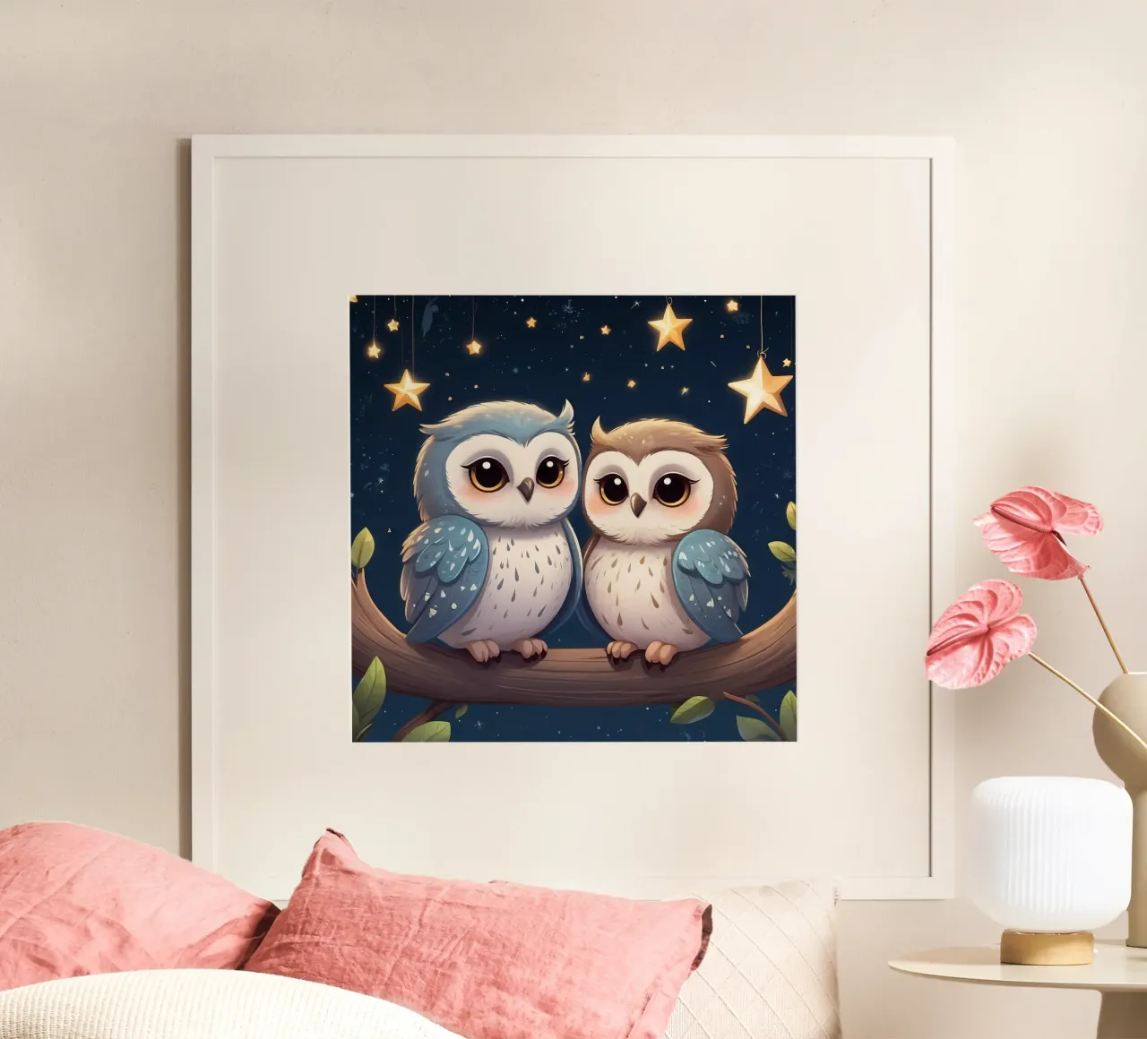 Zwei Eulen sitzen auf einem Ast unter dem nächtlichen Sternenhimmel Poster von DesignDoodle