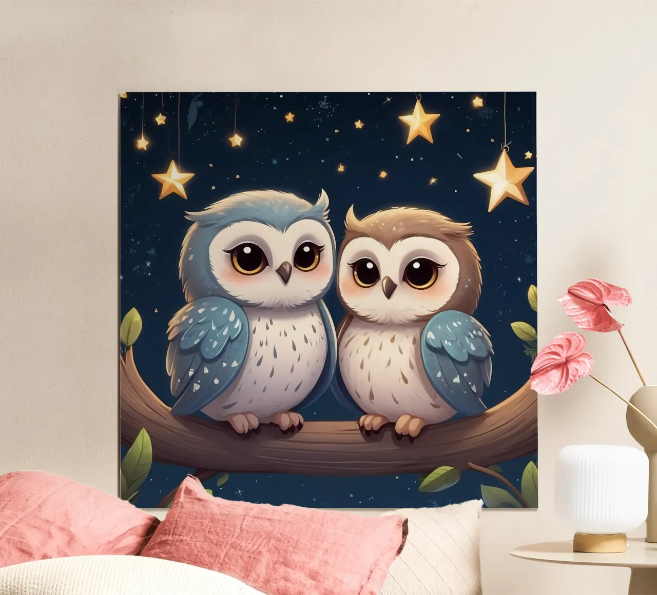 Zwei Eulen sitzen auf einem Ast unter dem nächtlichen Sternenhimmel Poster von DesignDoodle