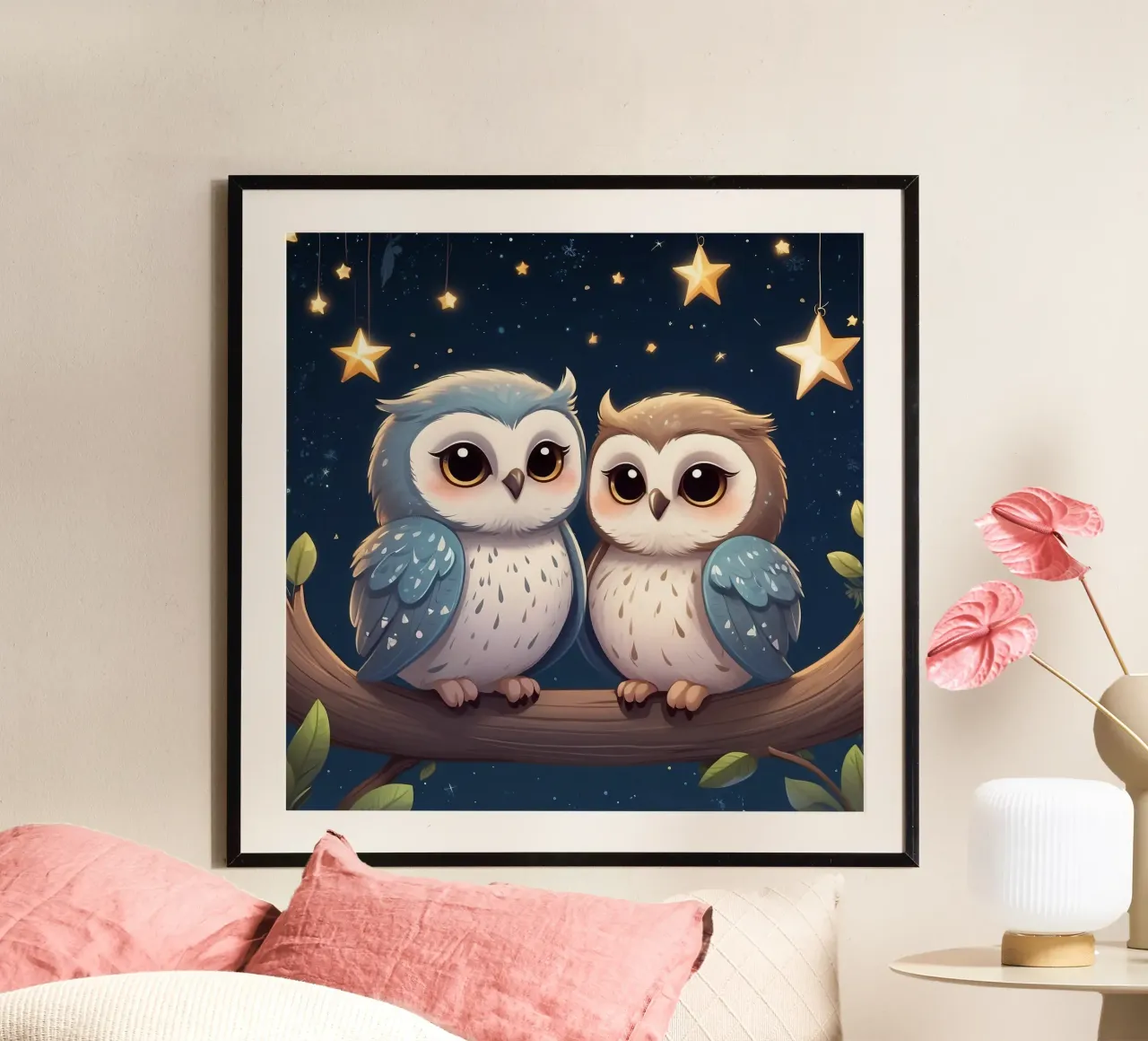 Zwei Eulen sitzen auf einem Ast unter dem nächtlichen Sternenhimmel Poster von DesignDoodle