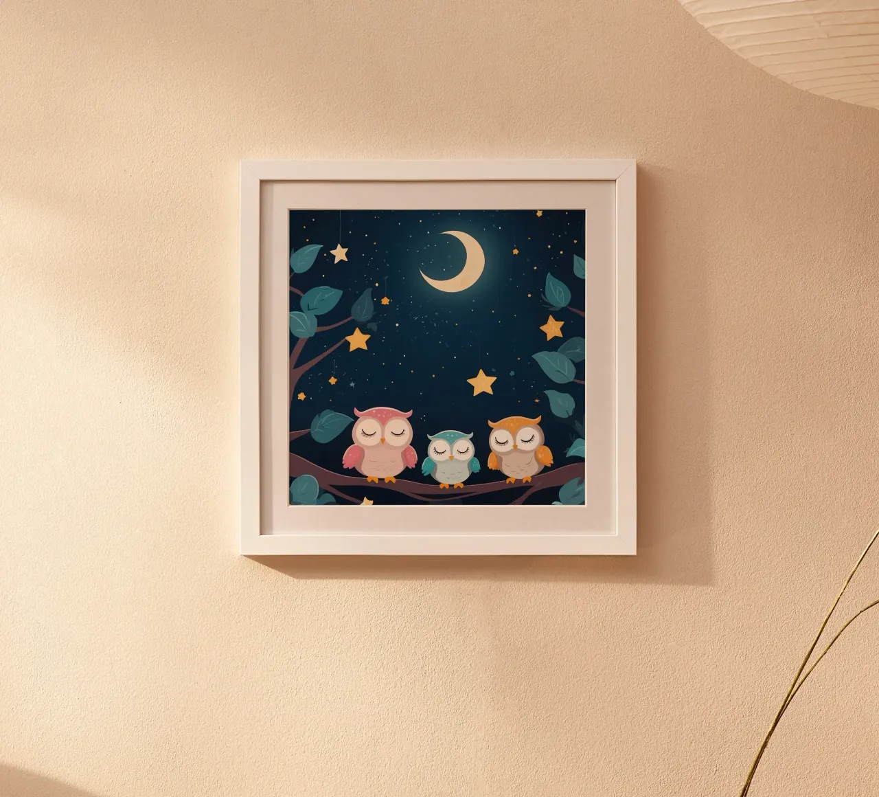 Simpatici gufi che dormono su un ramo sotto un cielo stellato notturno poster con telaio in alluminio da DesignDoodle